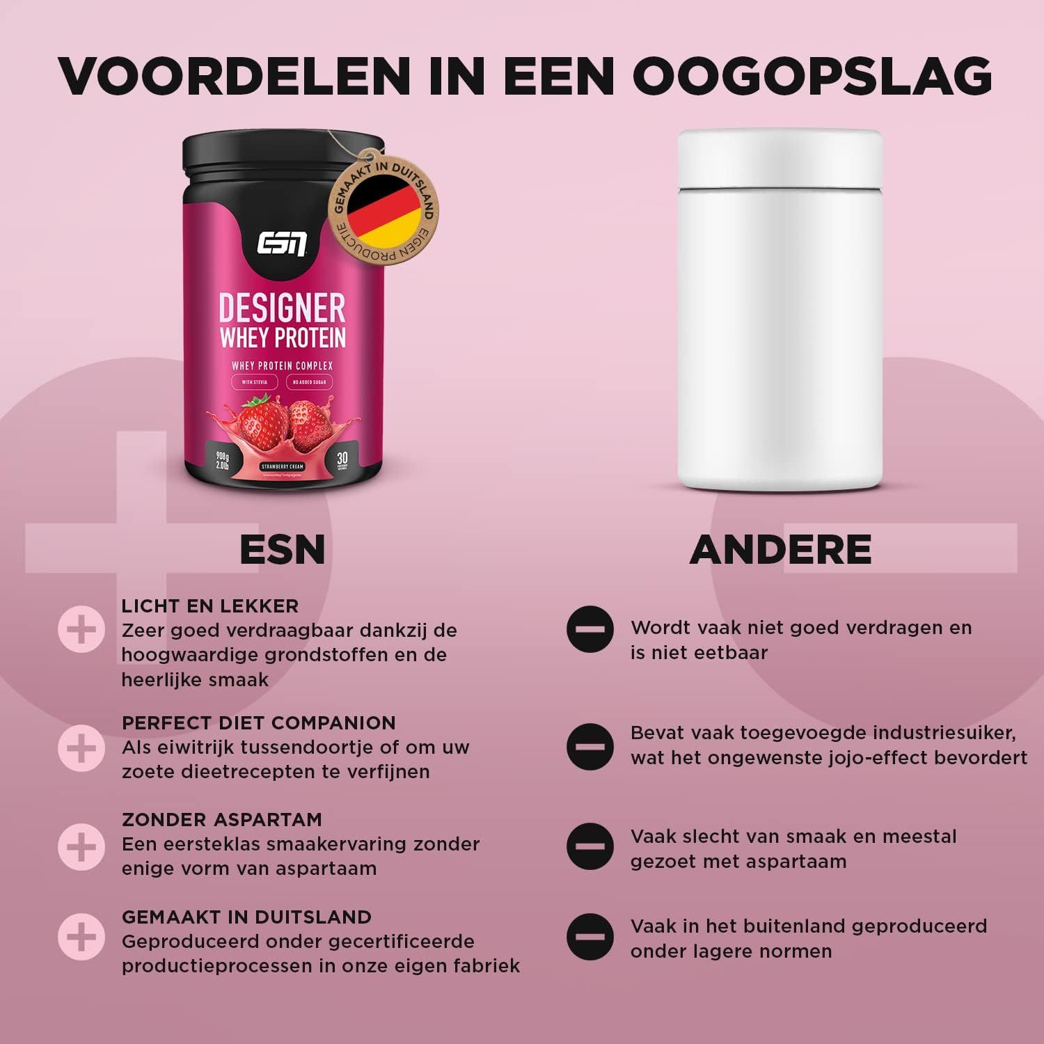 ESN Designer Whey Protein Aardbei Room met een glas shake en iconen voor smaak, romigheid, eiwitten en grondstoffen.