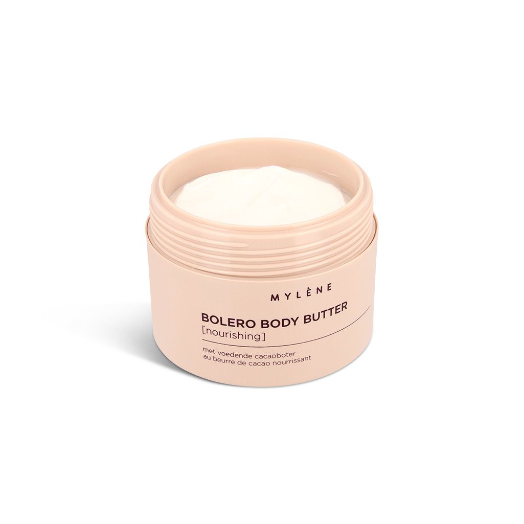 Open beige pot met witte body butter. Opschrift: MYLÈNE, BOLERO BODY BUTTER [nourishing].