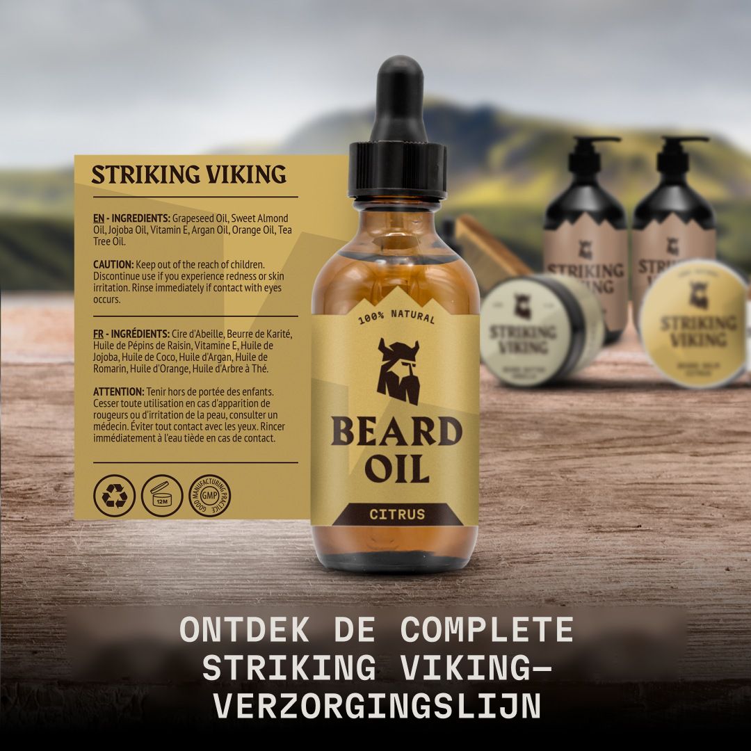 Baardolie fles met ingrediëntenlijst en achtergrond met andere producten.