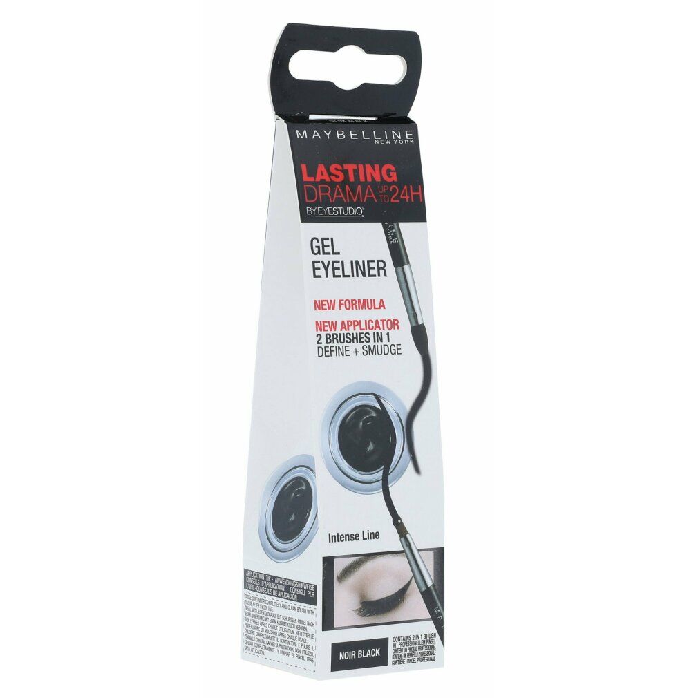 Verpakking met zwarte gel eyeliner. Merk Maybelline New York. Tekst: Lasting Drama 24H. Twee containers afgebeeld.