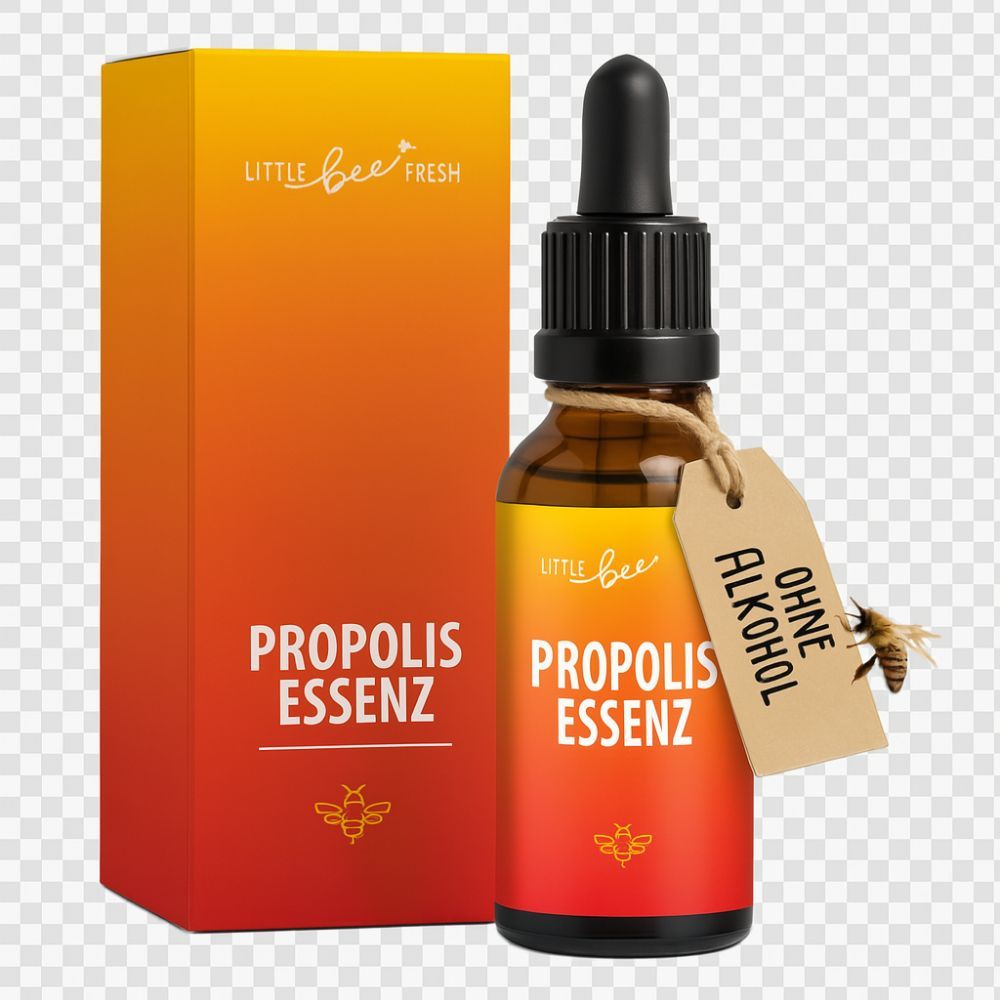 Bruine glazen fles met druppelaar en etiket. Doos ernaast met productnaam en logo. Label met tekst 'OHNE ALKOHOL'.