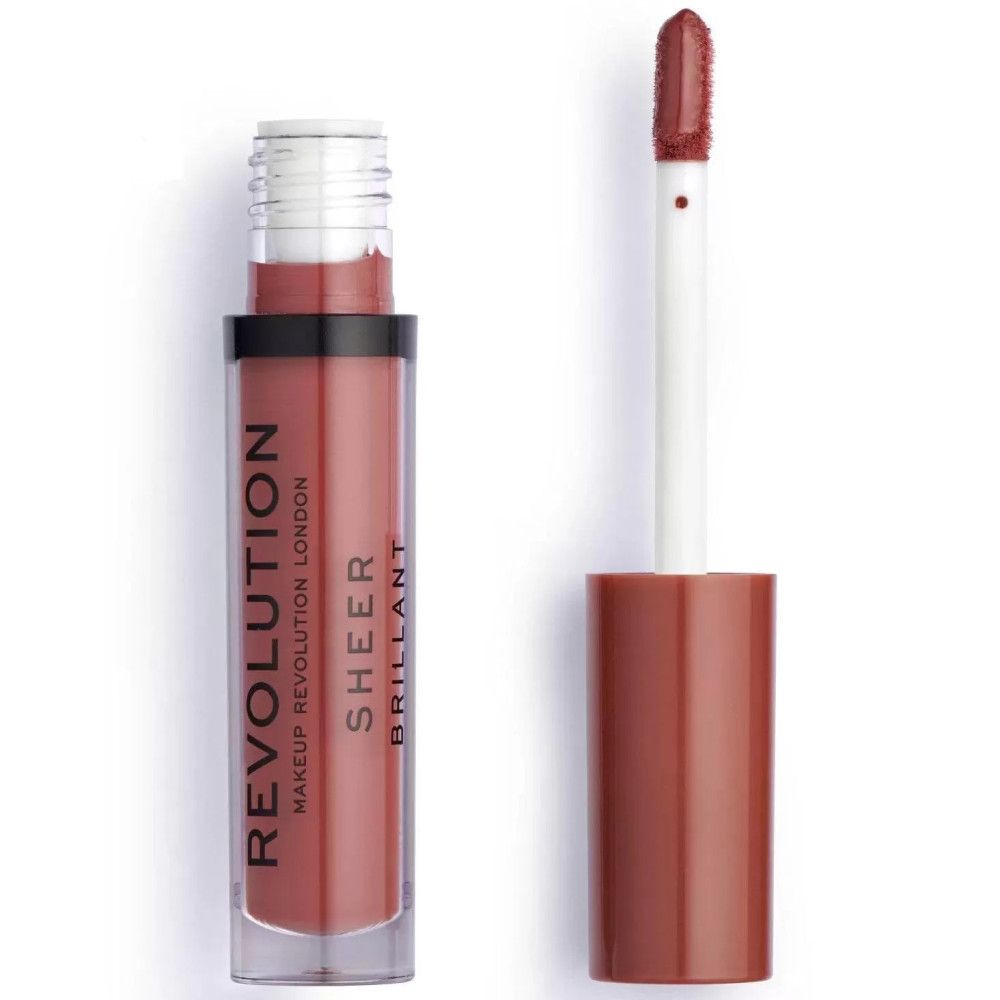 Flacon de gloss avec applicateur. Boîtier transparent, contenu brun. Inscription: REVOLUTION, SHEER, BRILLANT.