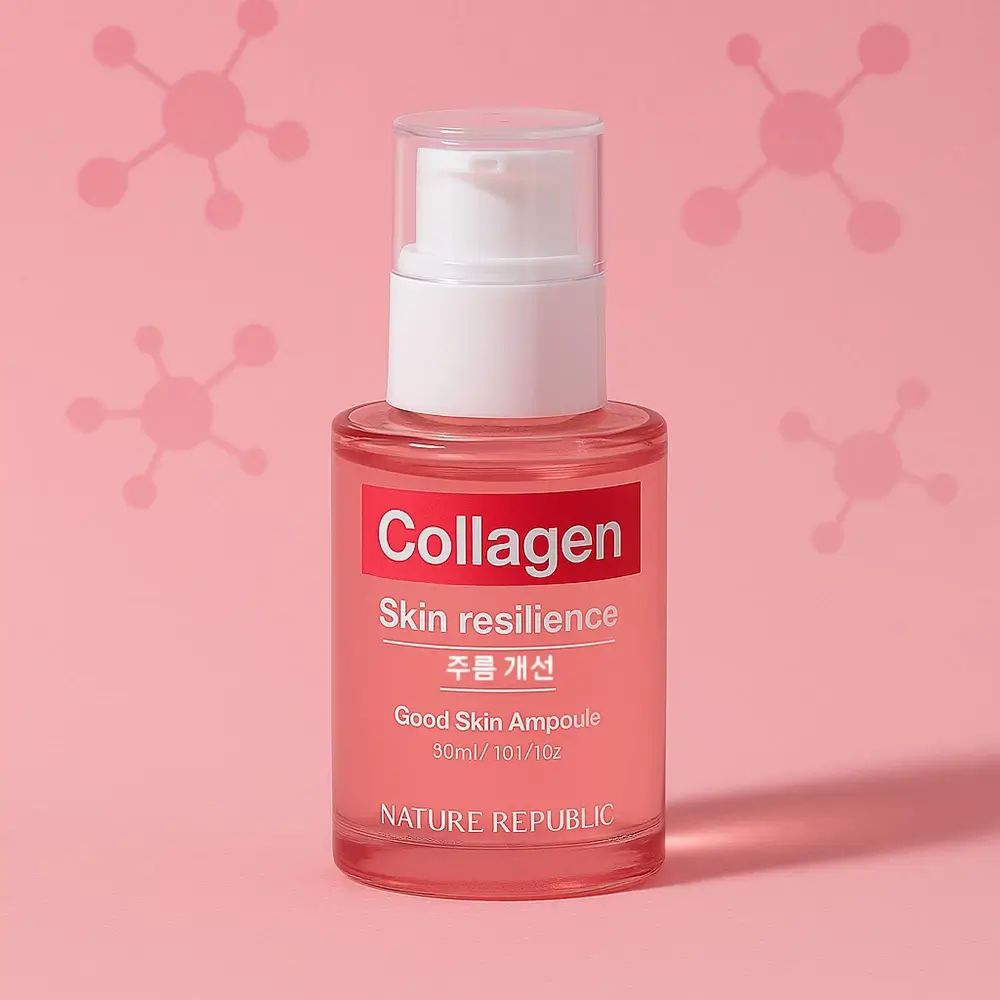 Flacon en verre rose avec bouchon pompe blanc. Inscription "Collagen Skin resilience" et "NATURE REPUBLIC".