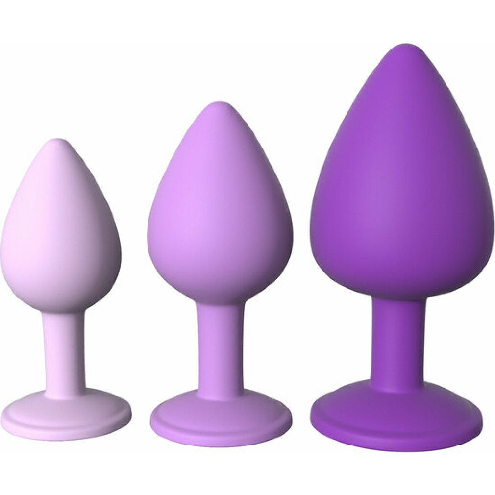 Trois plugs anaux violets, de petit à grand, avec une base large.
