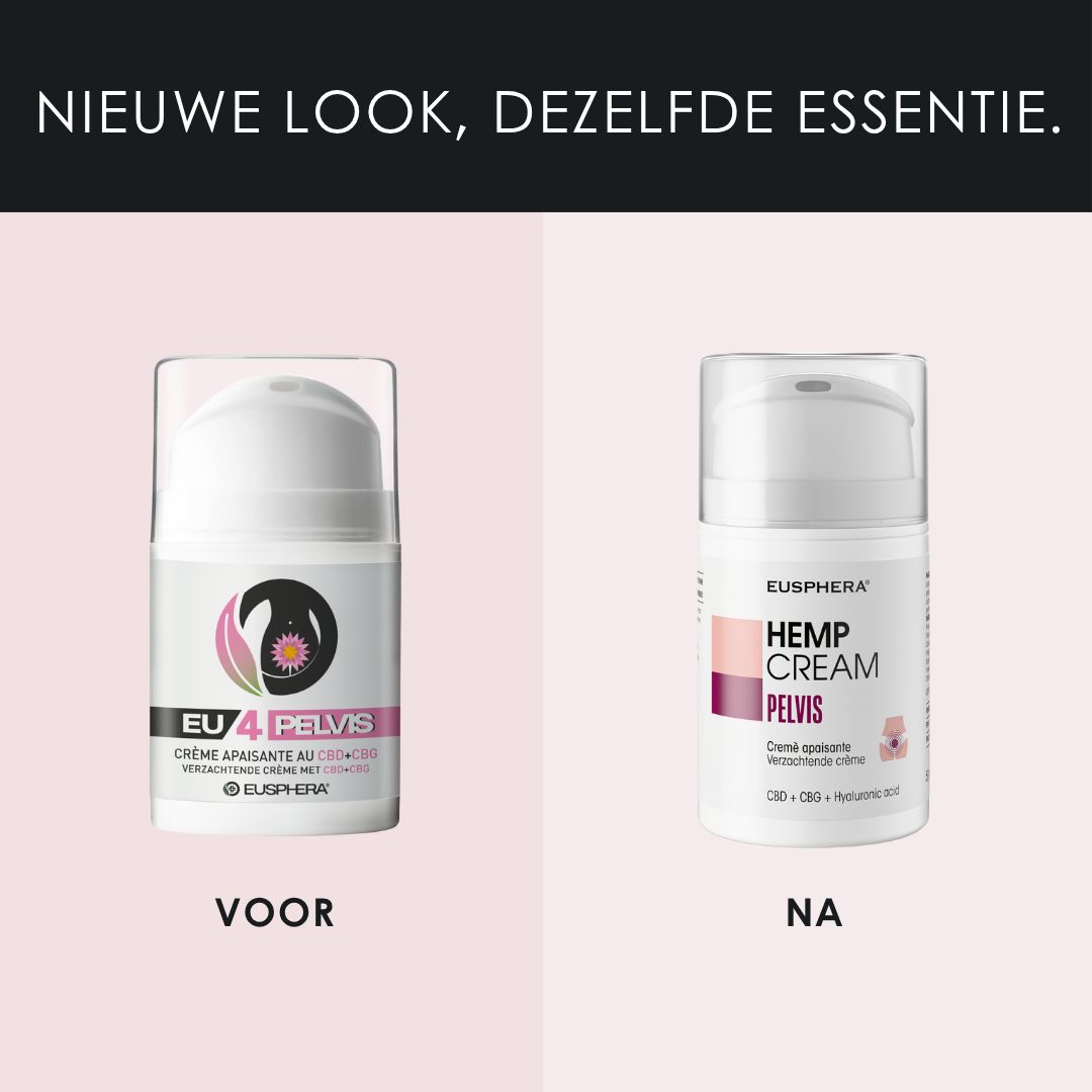 Vergelijking: EU 4 PELVIS, witte fles, vs. HEMP CREAM PELVIS, witte fles. Tekst: VOOR, NA.