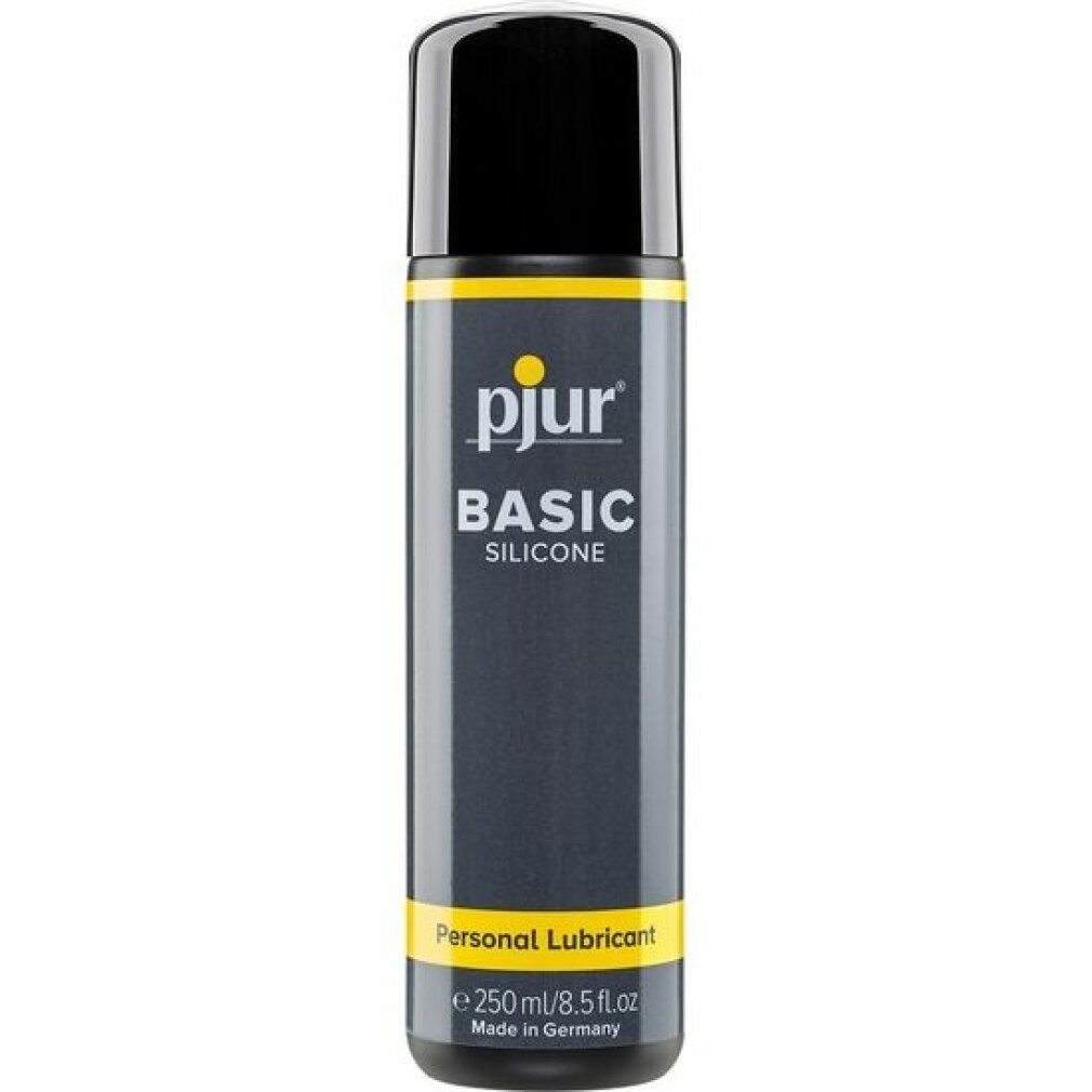 Donkergrijze fles met zwarte dop. Gele accenten. Opschrift: pjur BASIC SILICONE. Personal Lubricant.