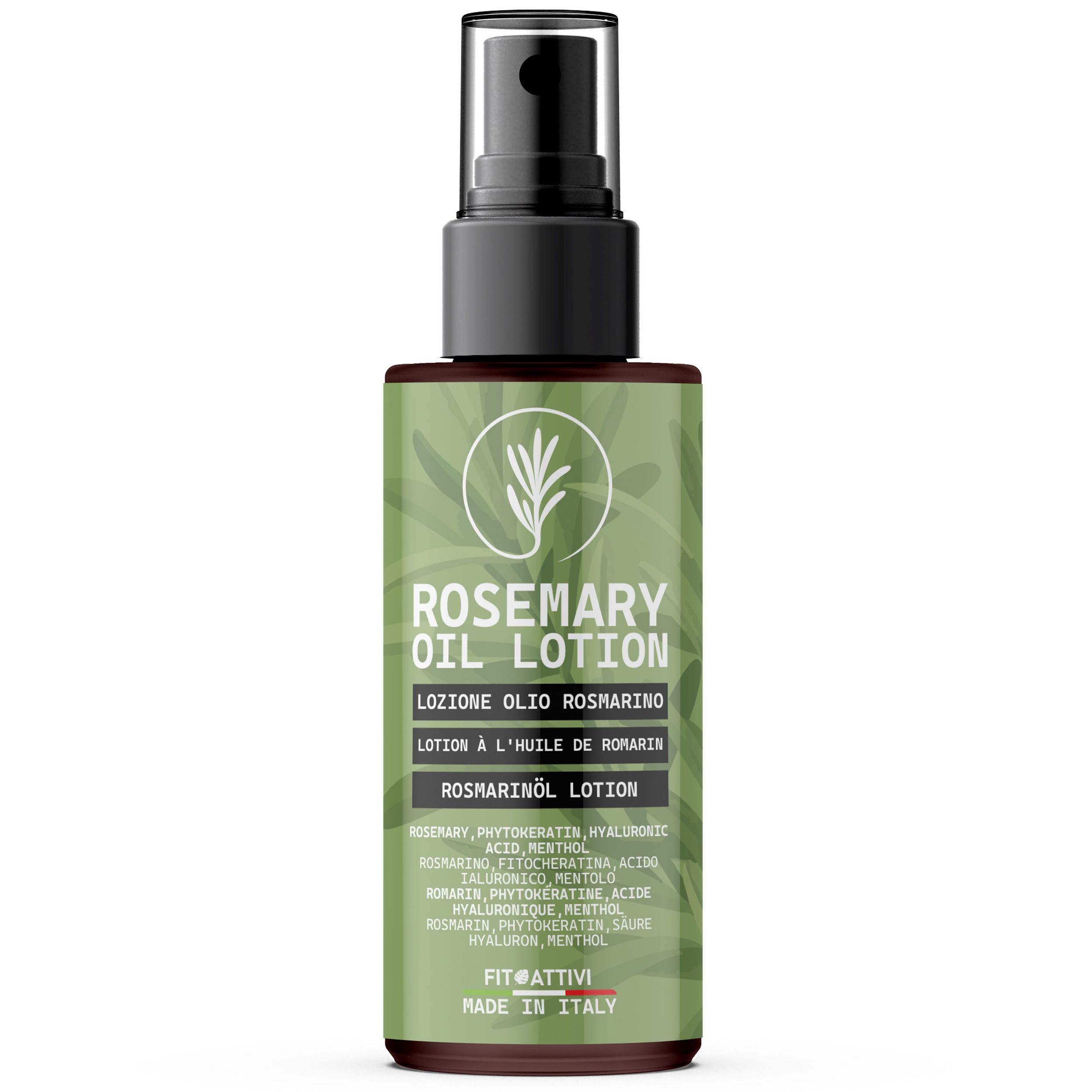 Image du produit. Flacon de lotion à l'huile de romarin. Bouchon noir, étiquette verte. Texte : Rosemary Oil Lotion, Rosmarinol Lotion, Made in Italy.