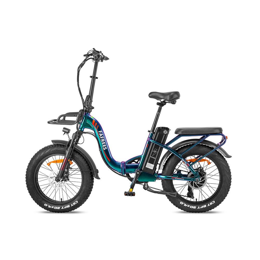 Vélo électrique pliable Fafrees. Pneus larges, noir, bleu, vert. Porte-bagages, panier, garde-boue. Batterie sur cadre.
