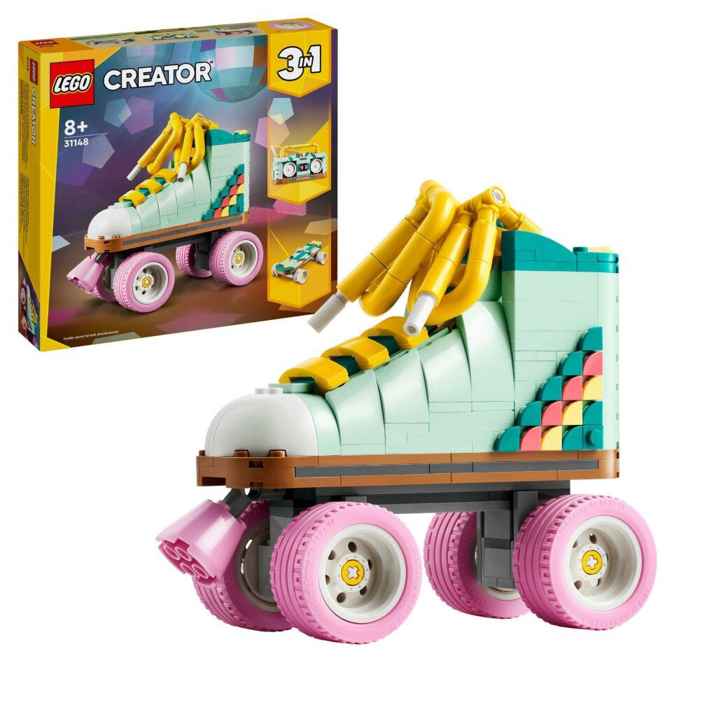 LEGO Creator 3in1. Retro rolschaats van LEGO-stenen. Mintgroen, roze wielen, gele veters. Naast de verpakking.