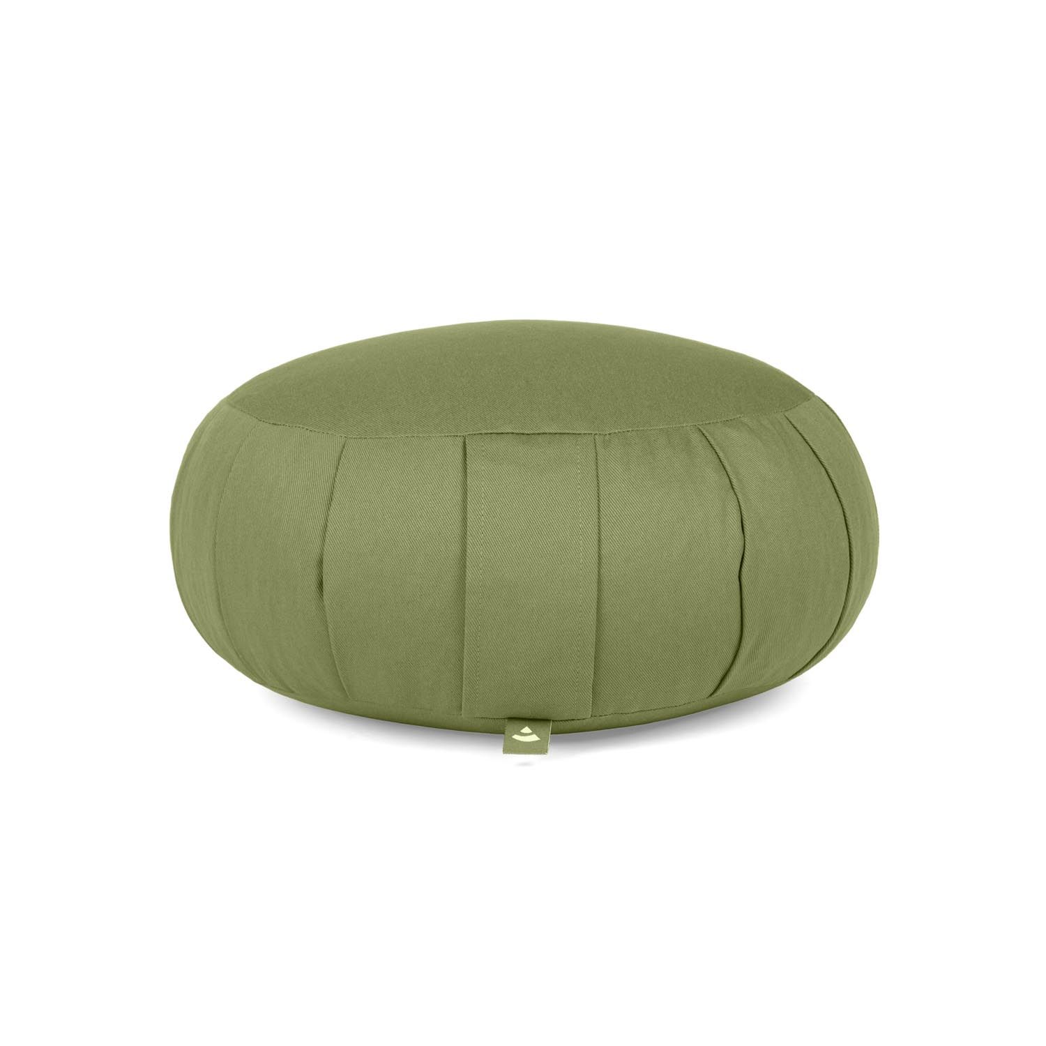 Olijfgroen meditatiekussen met plooien, klein label. Bovenaanzicht.