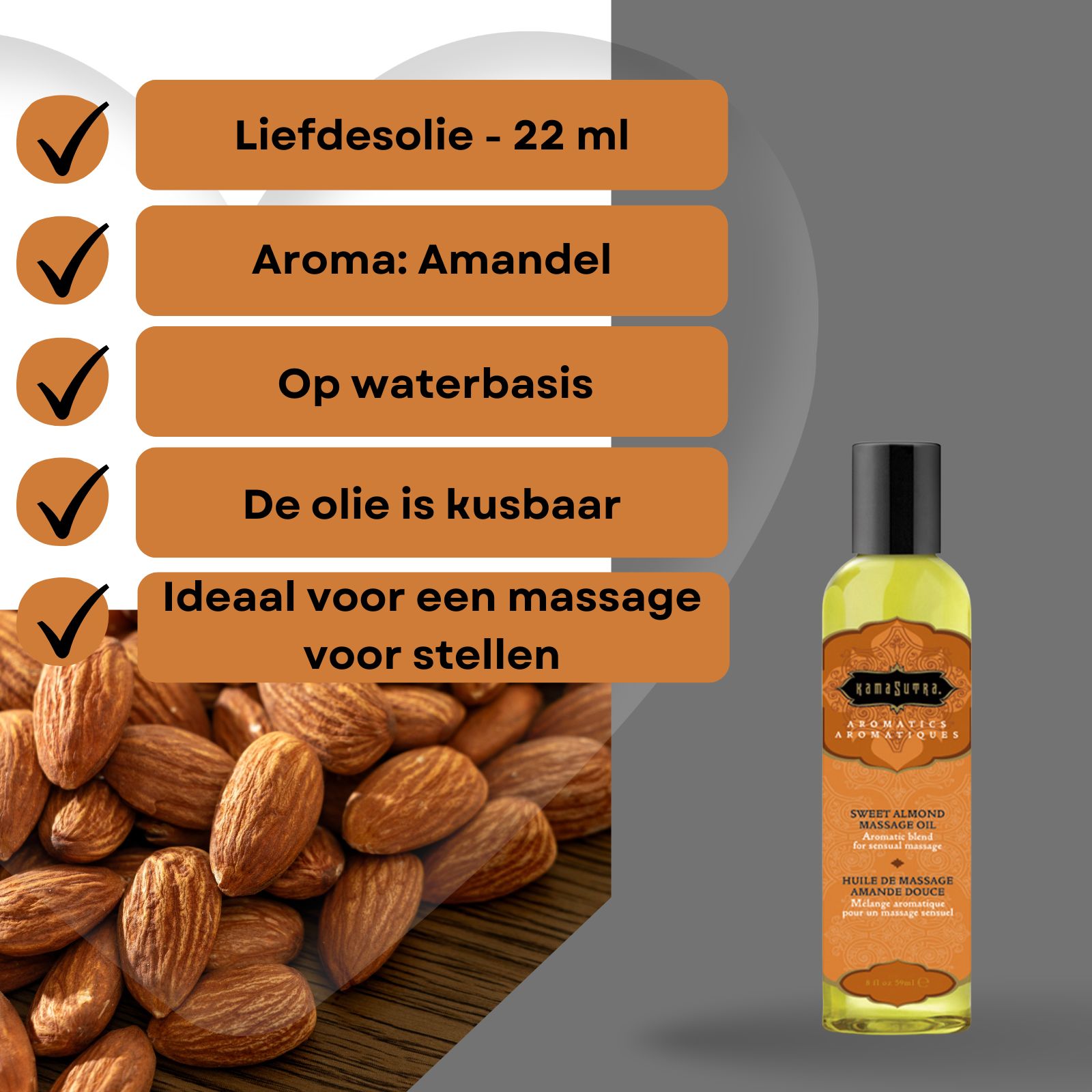 Productinfo: Liefdesolie, Aroma: Amandel, op waterbasis, de olie is kusbaar, ideaal voor een massage voor stellen.