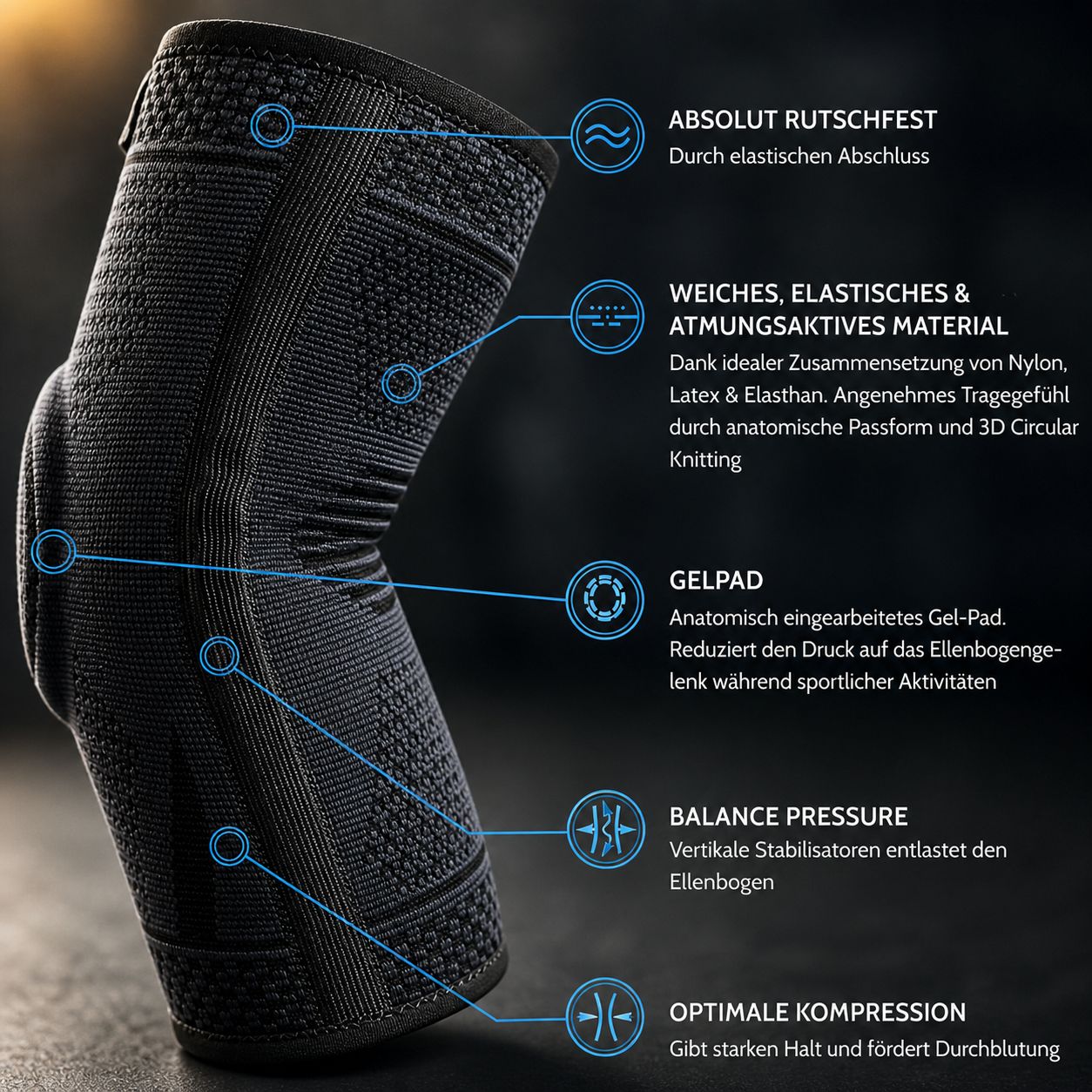 Attelle de coude noire. Forme anatomique, matériau respirant, coussinet en gel, compression optimale, stabilisateurs verticaux.