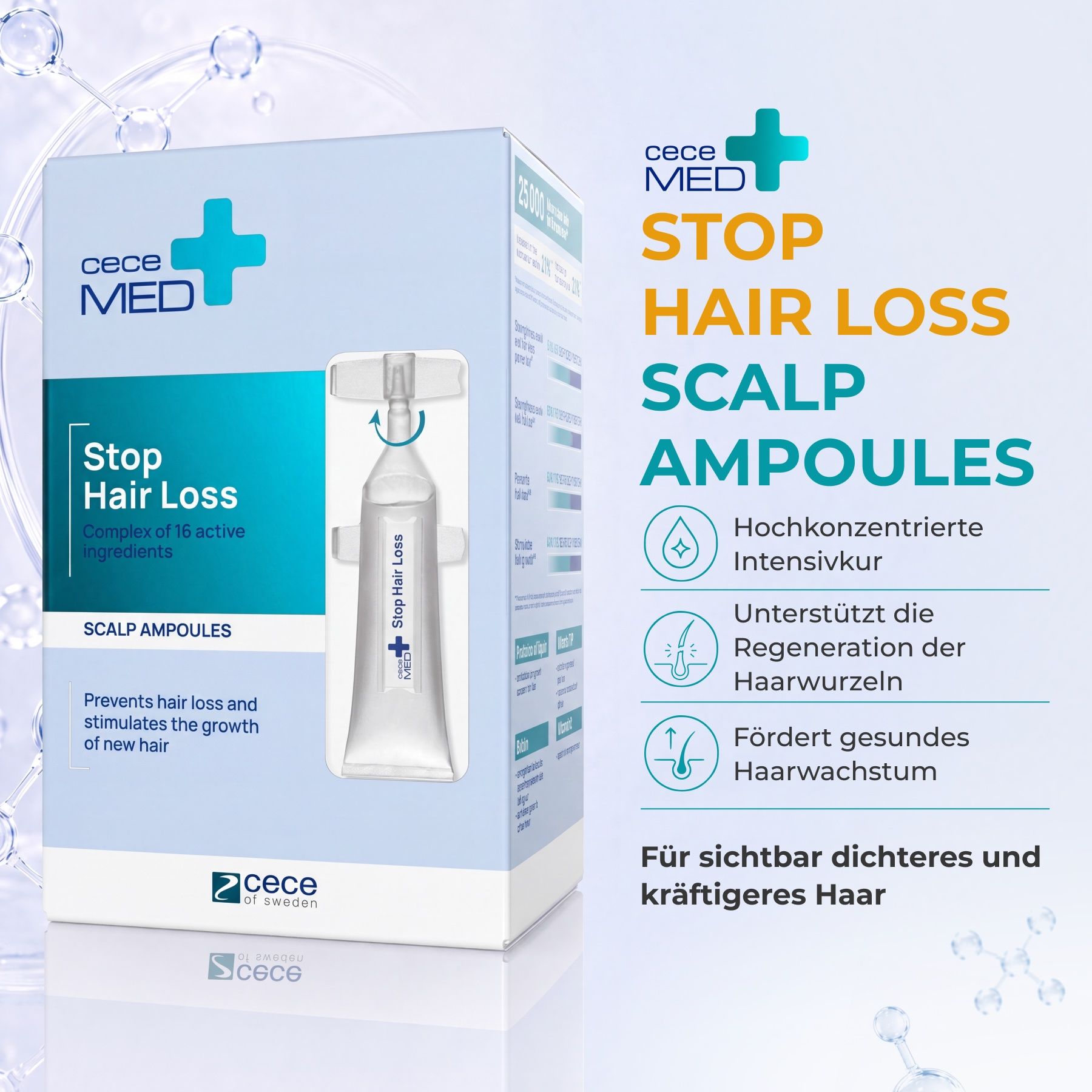 Ampoules cuir chevelu Cece Med Stop Hair Loss : Cure intensive concentrée pour la régénération des racines capillaires pour des cheveux plus denses.