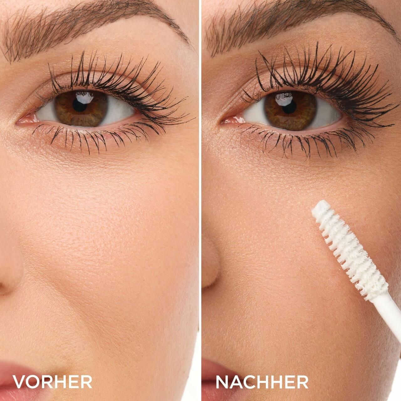 Twee ogen, links met witte mascara basis, rechts met mascara. Borstel zichtbaar.