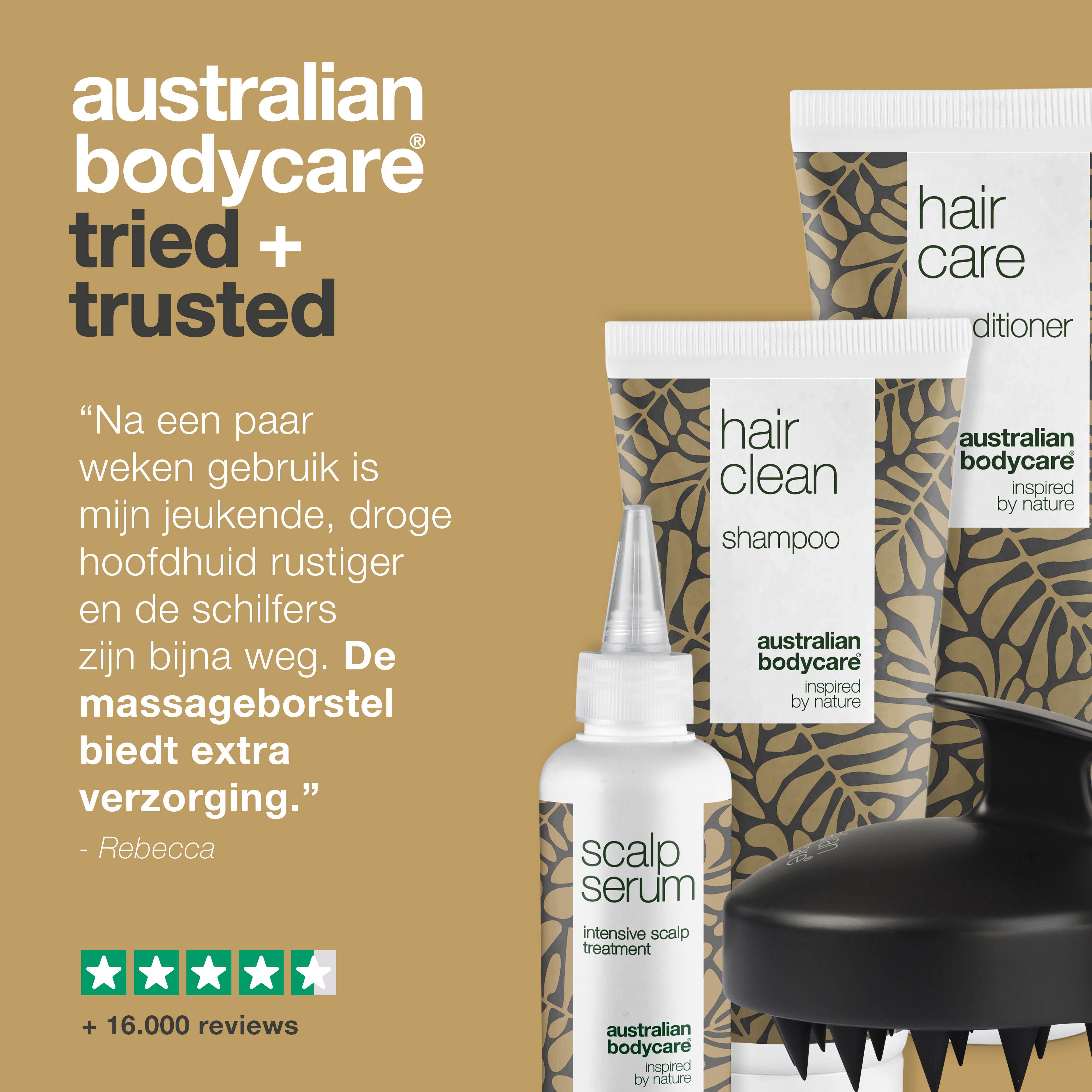 Productset met shampoo, conditioner, serum en hoofdhuidborstel. Citaten en beoordelingen.