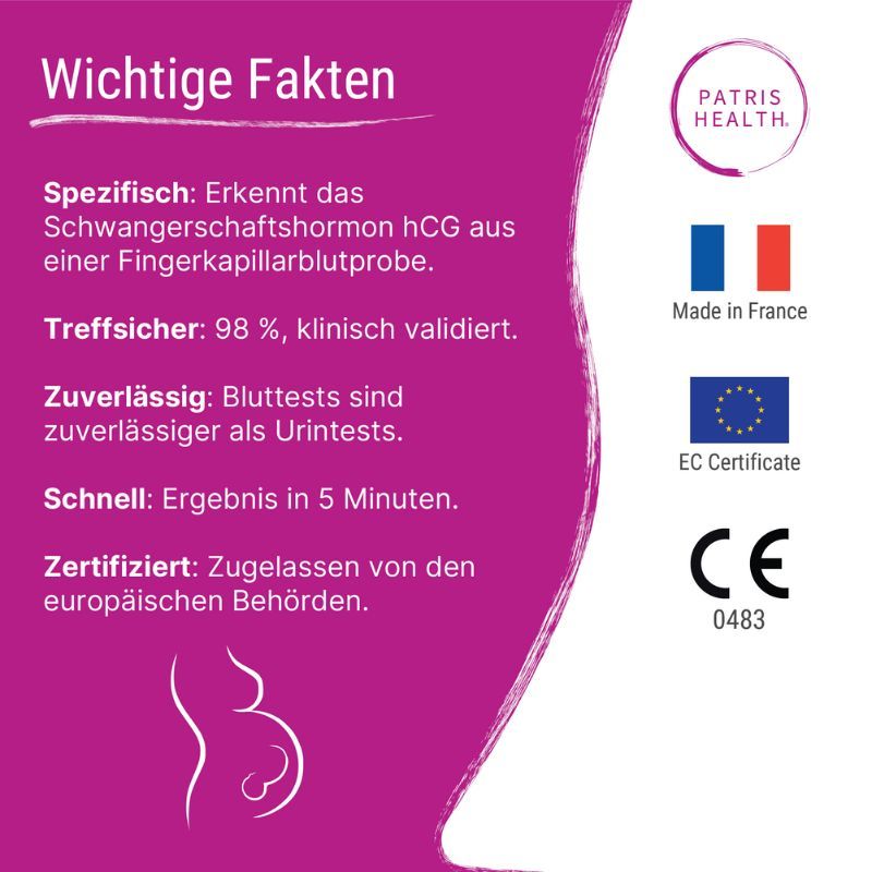 Infographic met feiten over de zwangerschap bloedtest. Informatie over specificiteit, betrouwbaarheid en certificering.