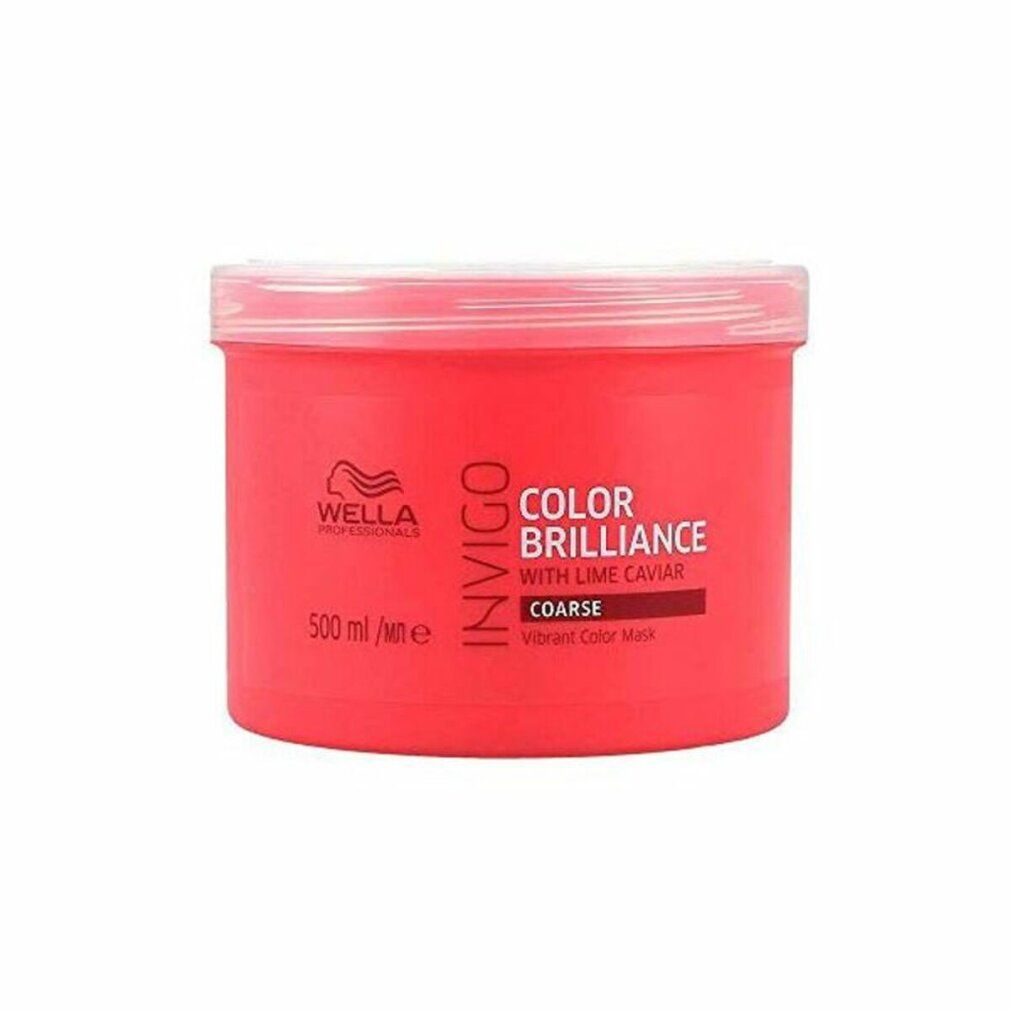 Pot rouge Wella Invigo Color Brilliance. Inscription: Color Brilliance, avec caviar de citron vert, Coarse, Vibrant Color Mask.