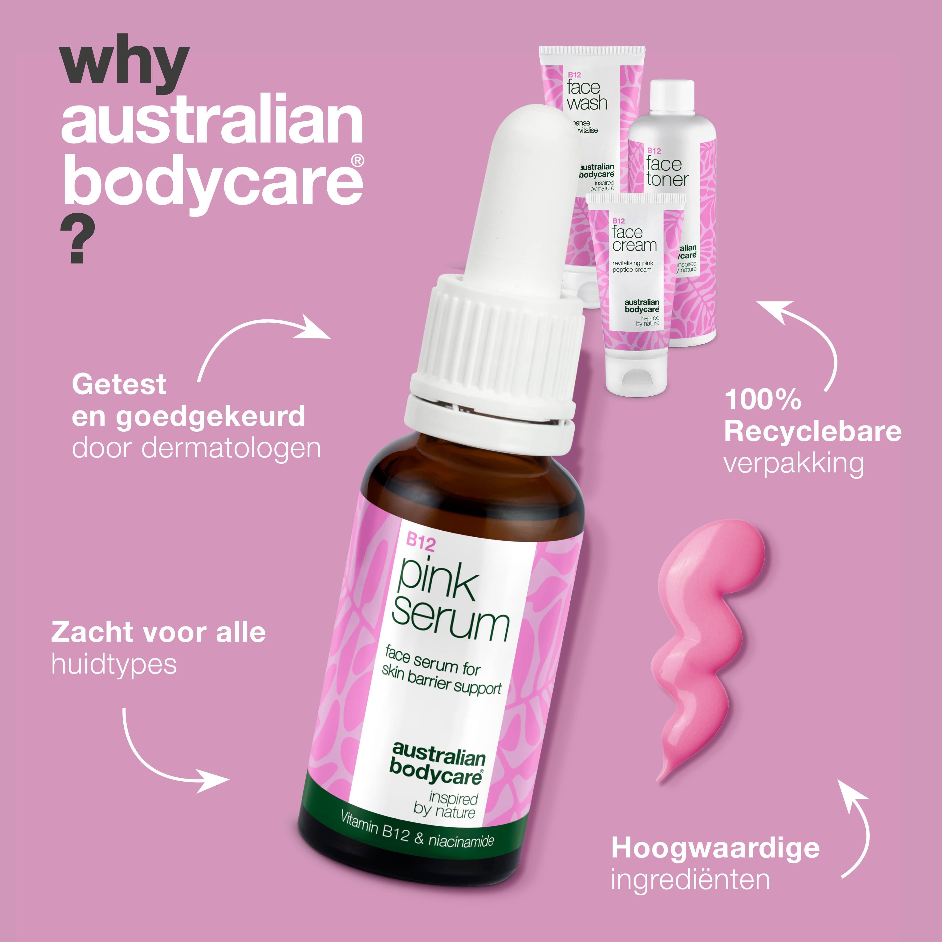 Serumfles met pipet, daarnaast producten: reiniger, toner, crème. Roze en wit.