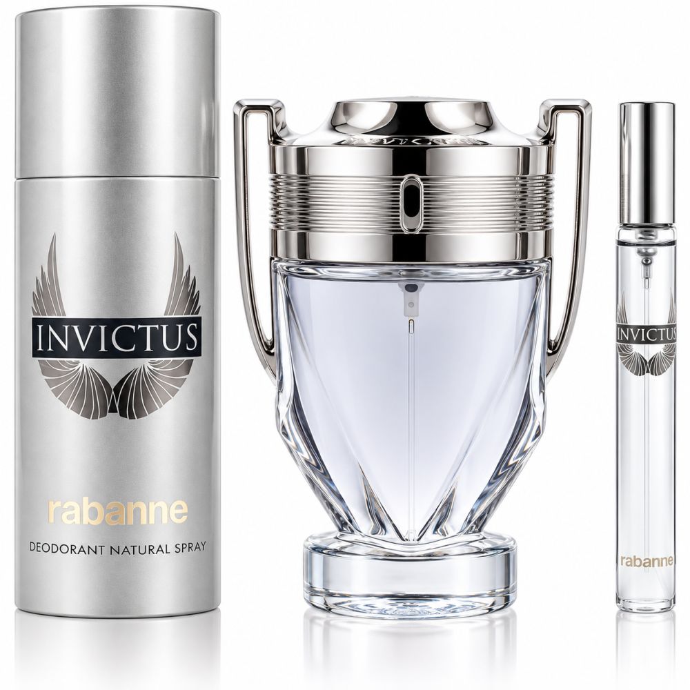 Rabanne Invictus : flacon d'Eau de Toilette, spray déodorant et petit vaporisateur côte à côte.