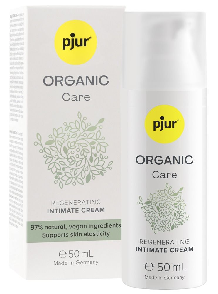 Crème et emballage. Inscription : pjur ORGANIC Care, Crème intime régénérante, 97% ingrédients naturels, 50 ml.