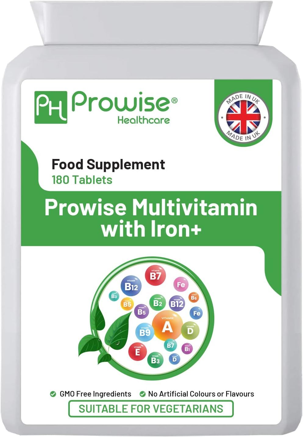 Witte fles met groen etiket. Gedrukt "Prowise Healthcare" en "Multivitamine met IJzer+". Bevat 180 tabletten. Zegel "Made in UK".