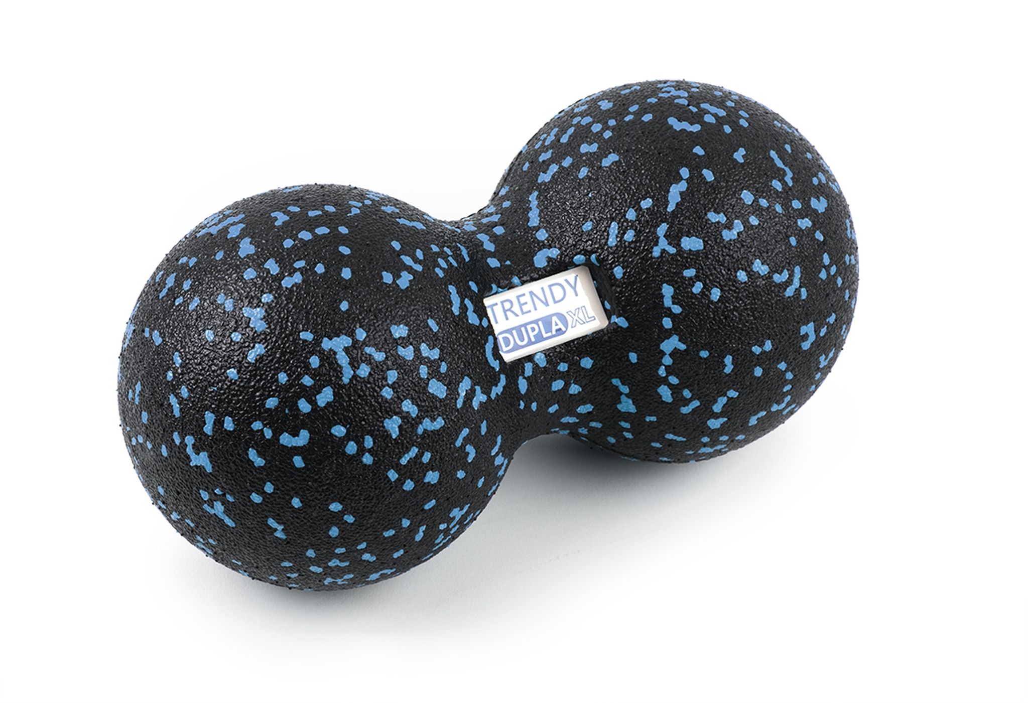 Zwarte fascia duoball met blauwe stippen. Trendy Dupla XL-logo. Twee verbonden ballen.