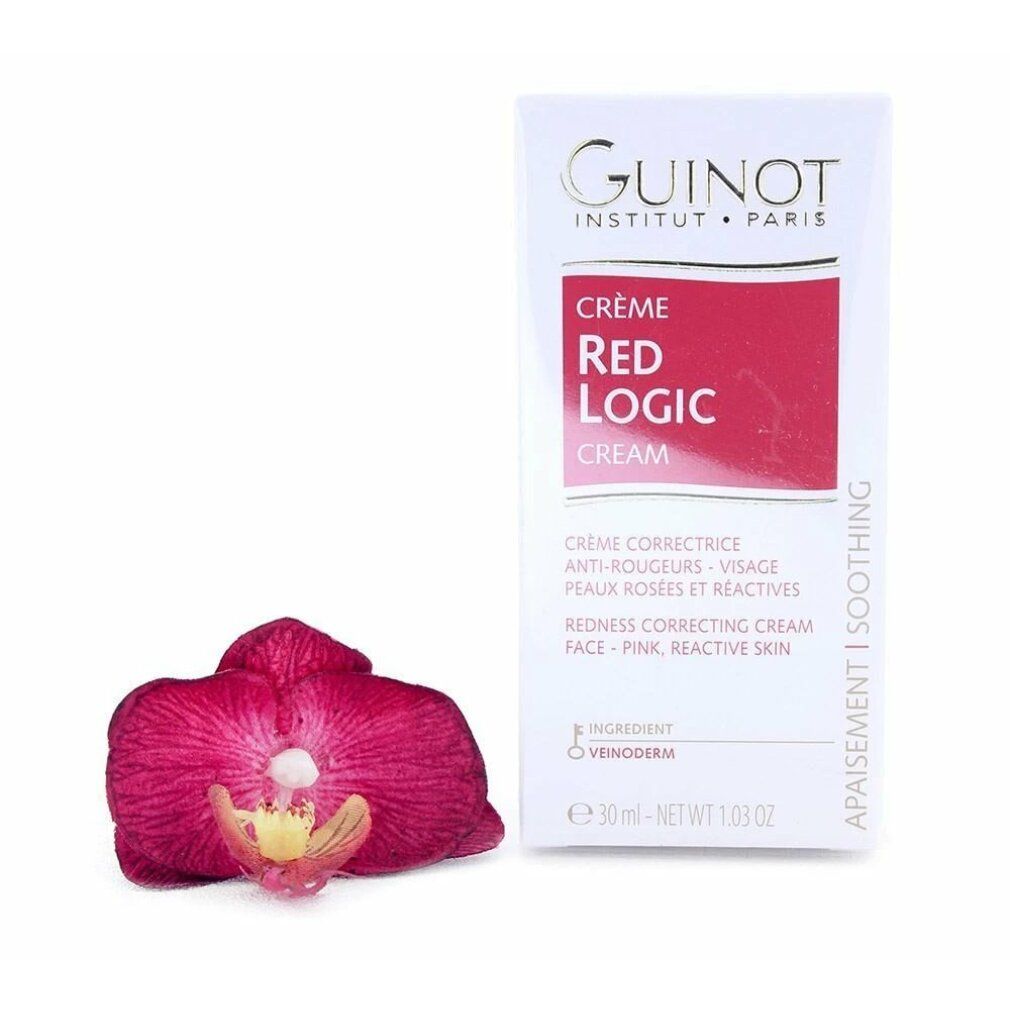 Tube blanc avec rectangle rouge et texte "Guinot Crème Red Logic Cream". Orchidée rouge à côté. Texte en anglais et français.