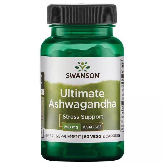 Groene fles met zwarte dop. Label met "SWANSON Ultimate Ashwagandha", 250 mg, 60 capsules.