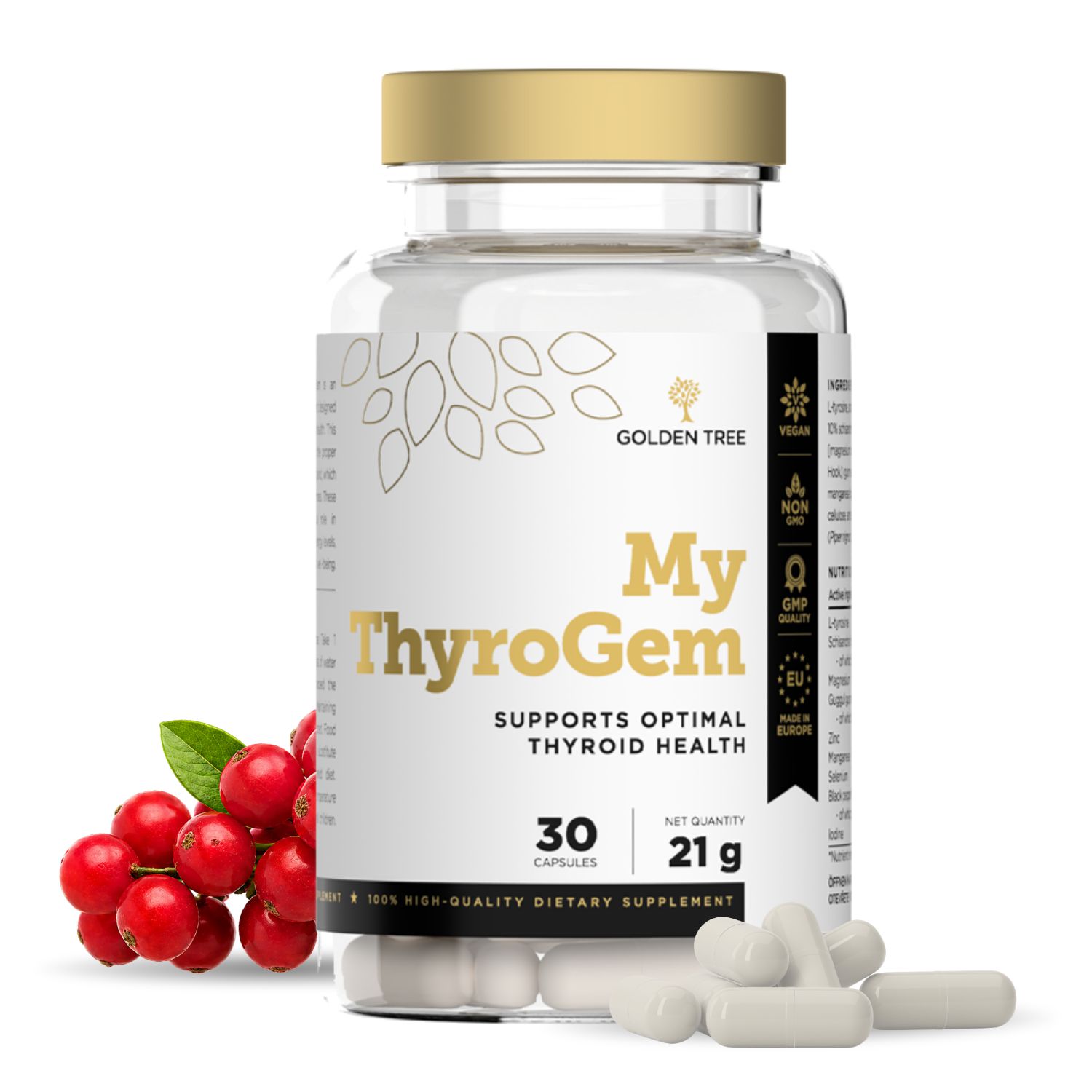 Flacon de 30 gélules Golden Tree My ThyroGem, 21g. Baies et gélules à côté.