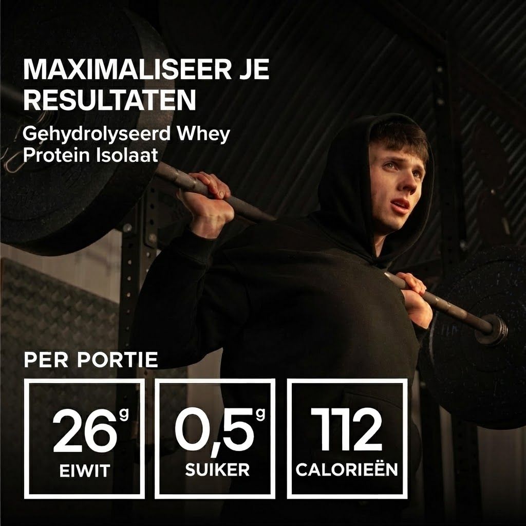Man tilt een halter, met voedingswaarden: 26g eiwit, 0,5g suiker, 112 calorieën per portie.