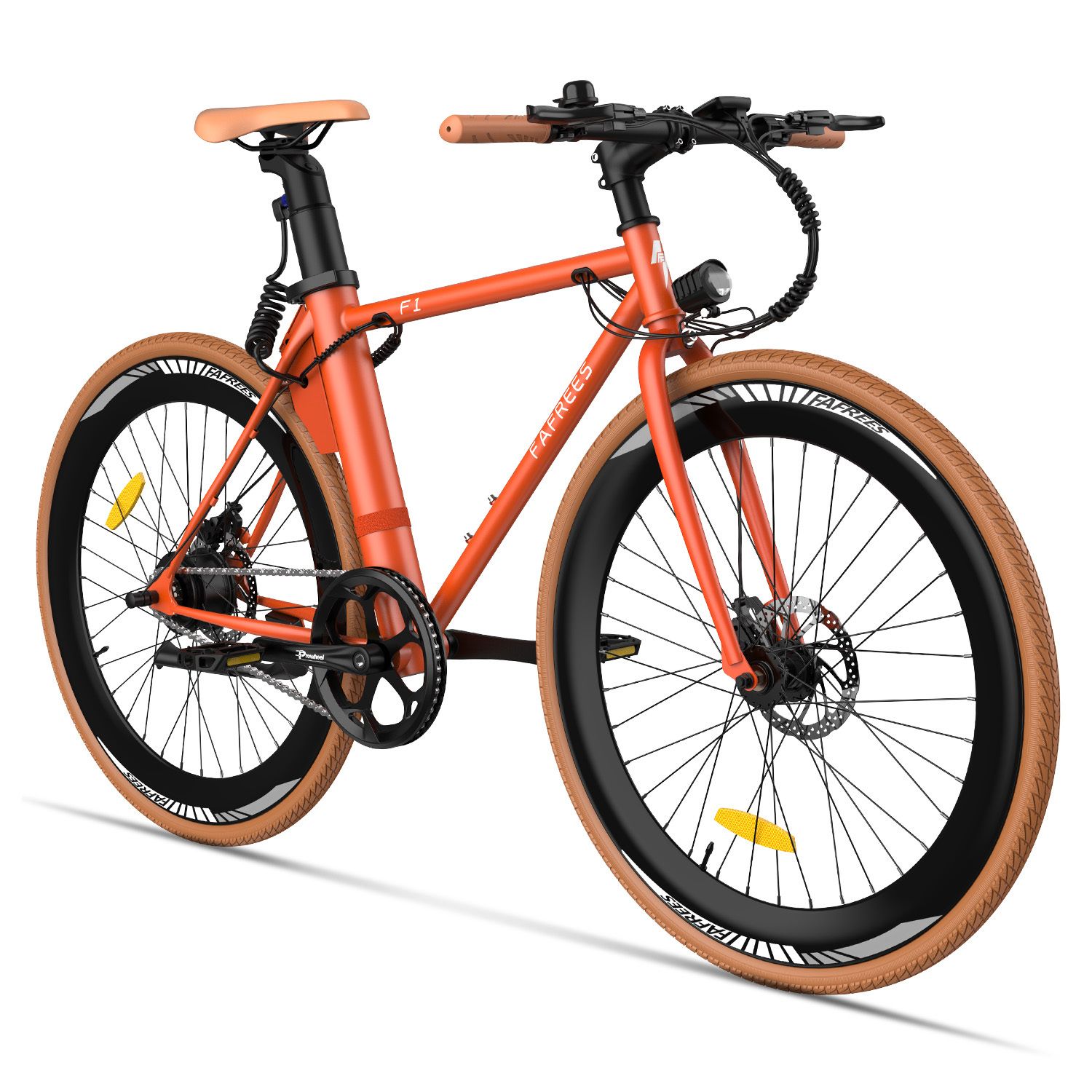 Oranje elektrische fiets met bruine banden en zadel. Fafrees-logo en F1-modelaanduiding zichtbaar.
