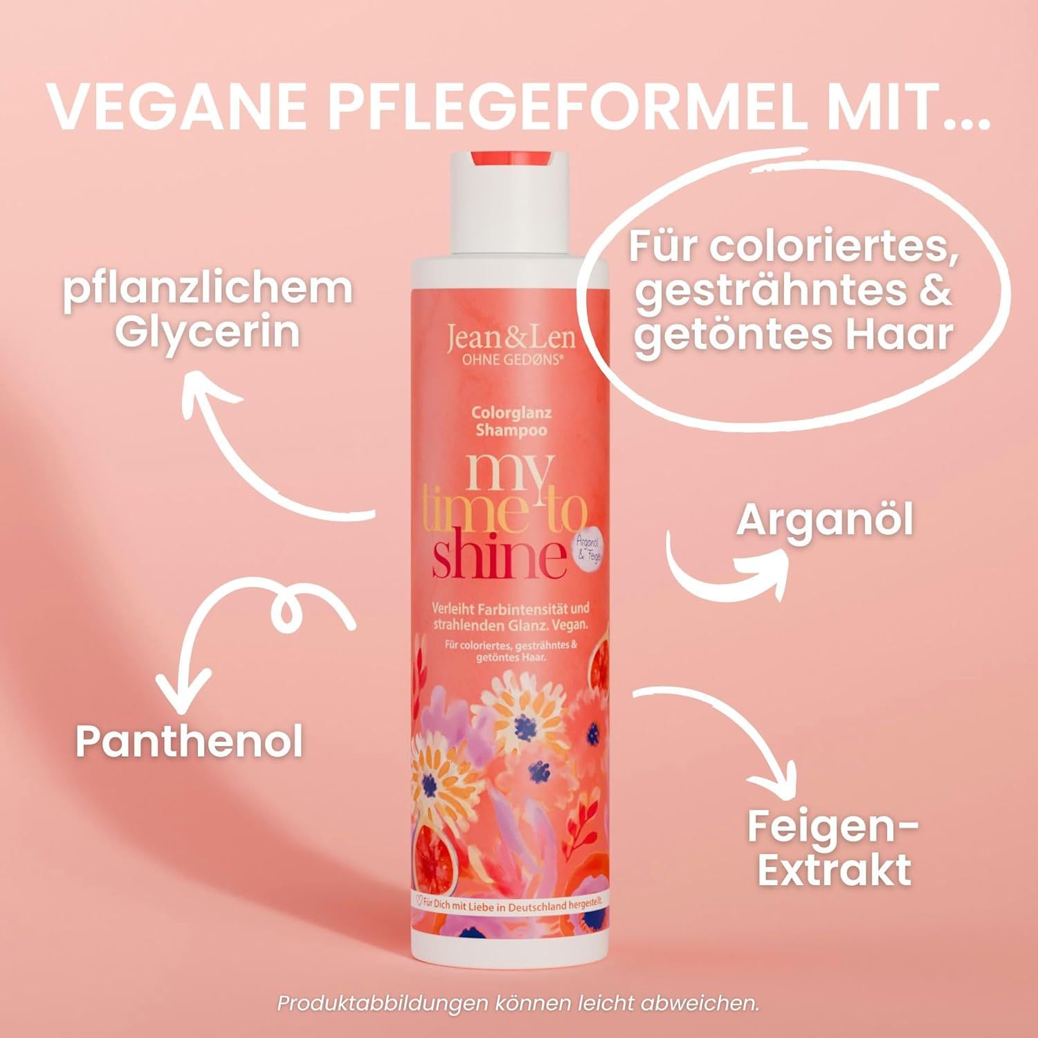 Roze achtergrond met pijlen op ingrediënten. Shampoofles met opschrift: Jean & Len, Color Gloss Shampoo.