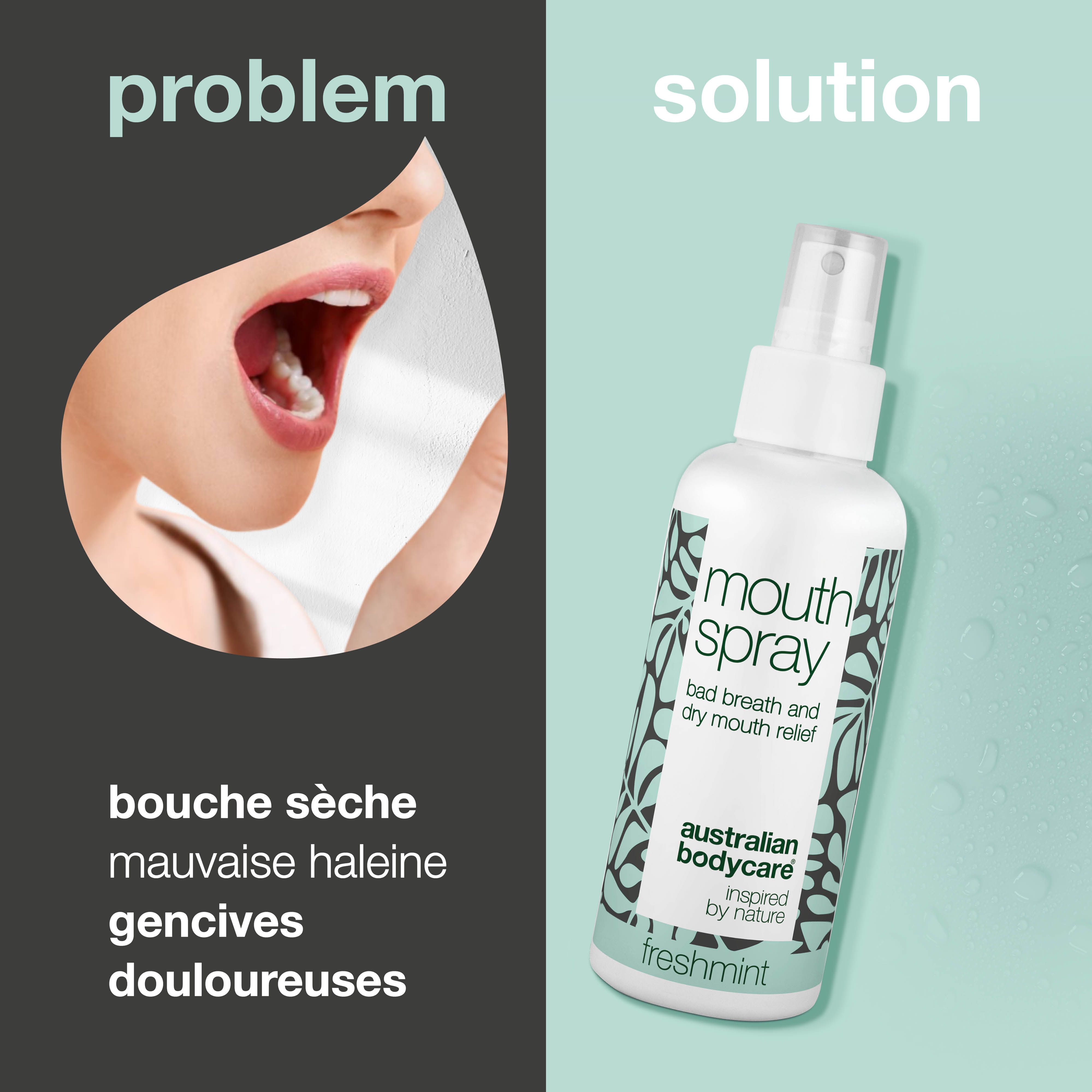 Flacon de spray buccal à côté d'un graphique. Texte : bouche sèche, mauvaise haleine, gencives douloureuses.