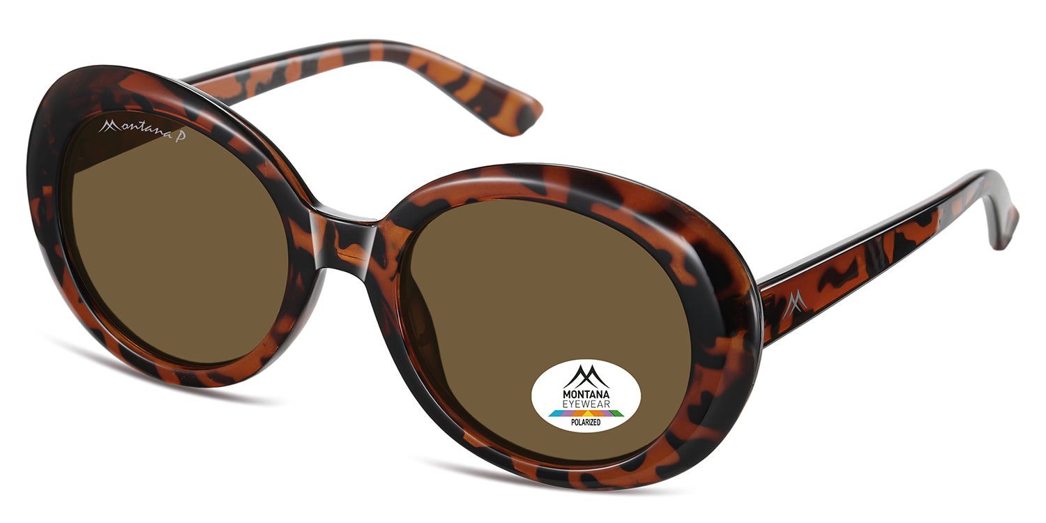 Lunettes de soleil marron avec monture marron à motif. Logo Montana Eyewear et autocollant Polarized.