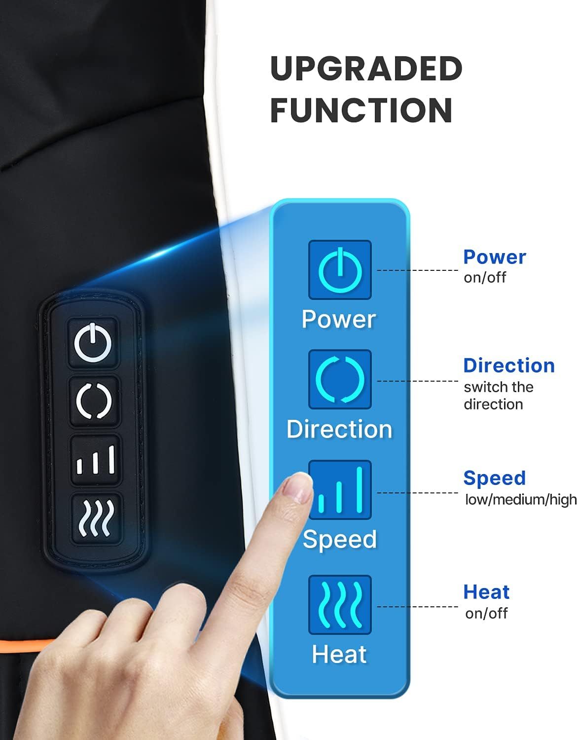 Panneau de commande d'un appareil de massage avec boutons pour Marche/Arrêt, Direction, Vitesse et Chaleur.