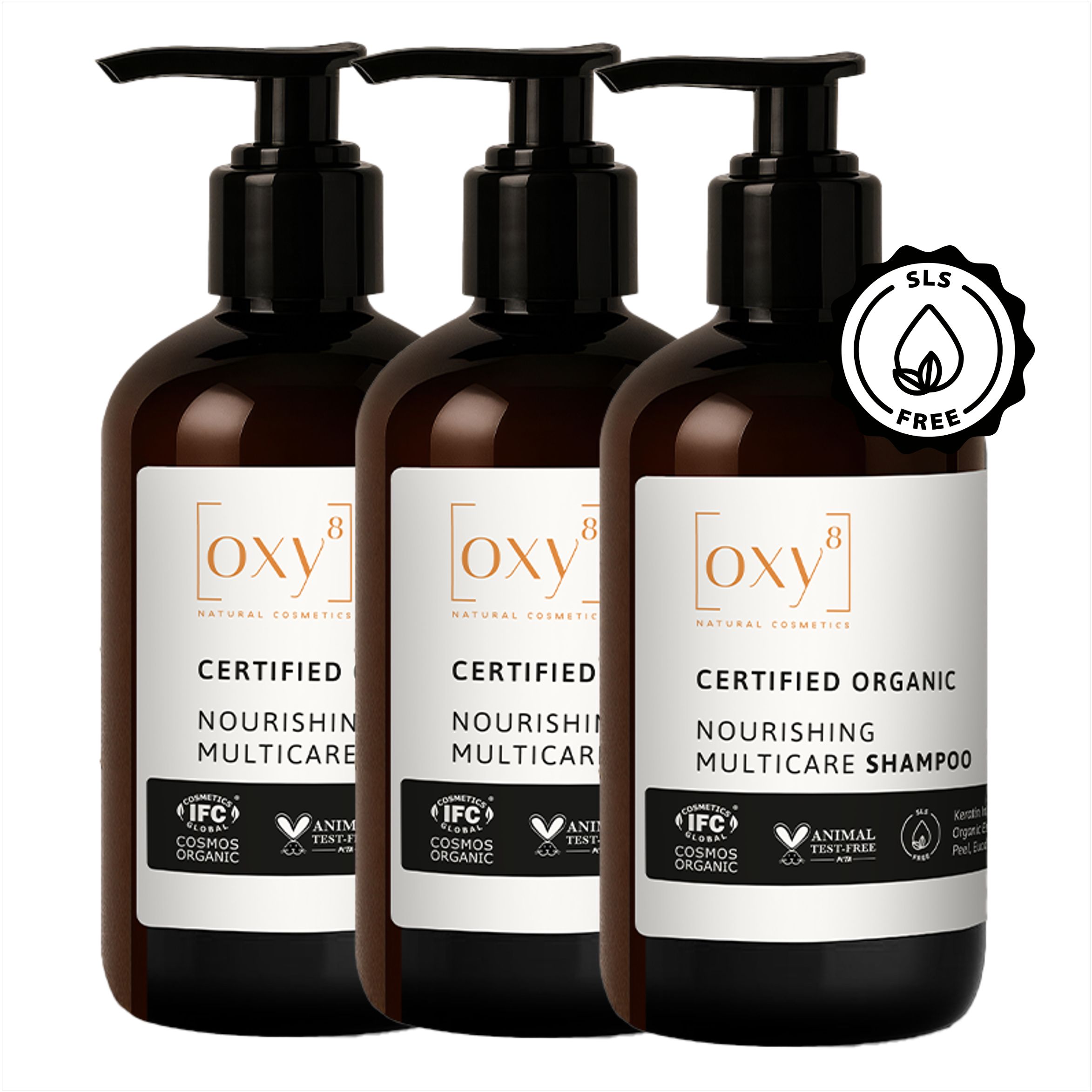 Trois flacons de shampooing avec pompes noires. Chaque flacon porte la mention "oxy8" et "Nourishing Multicare Shampoo".