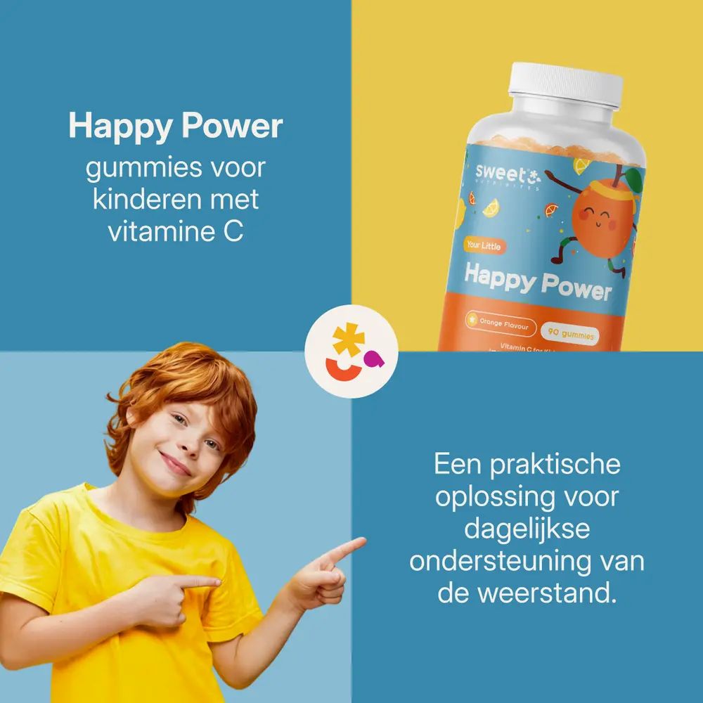 Een jongen wijst naar een fles met gummies. Tekst: Happy Power. Blauwe en gele achtergrond.