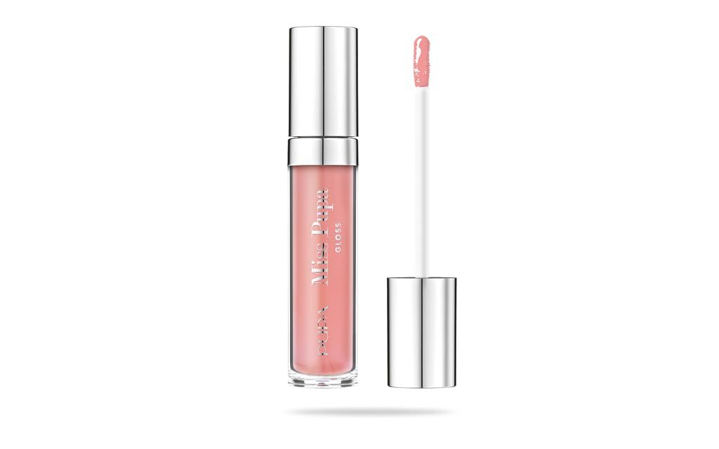 Gloss à lèvres avec bouchon et applicateur argentés. Liquide rose dans un flacon transparent. Inscription: Miss Pupa Gloss.
