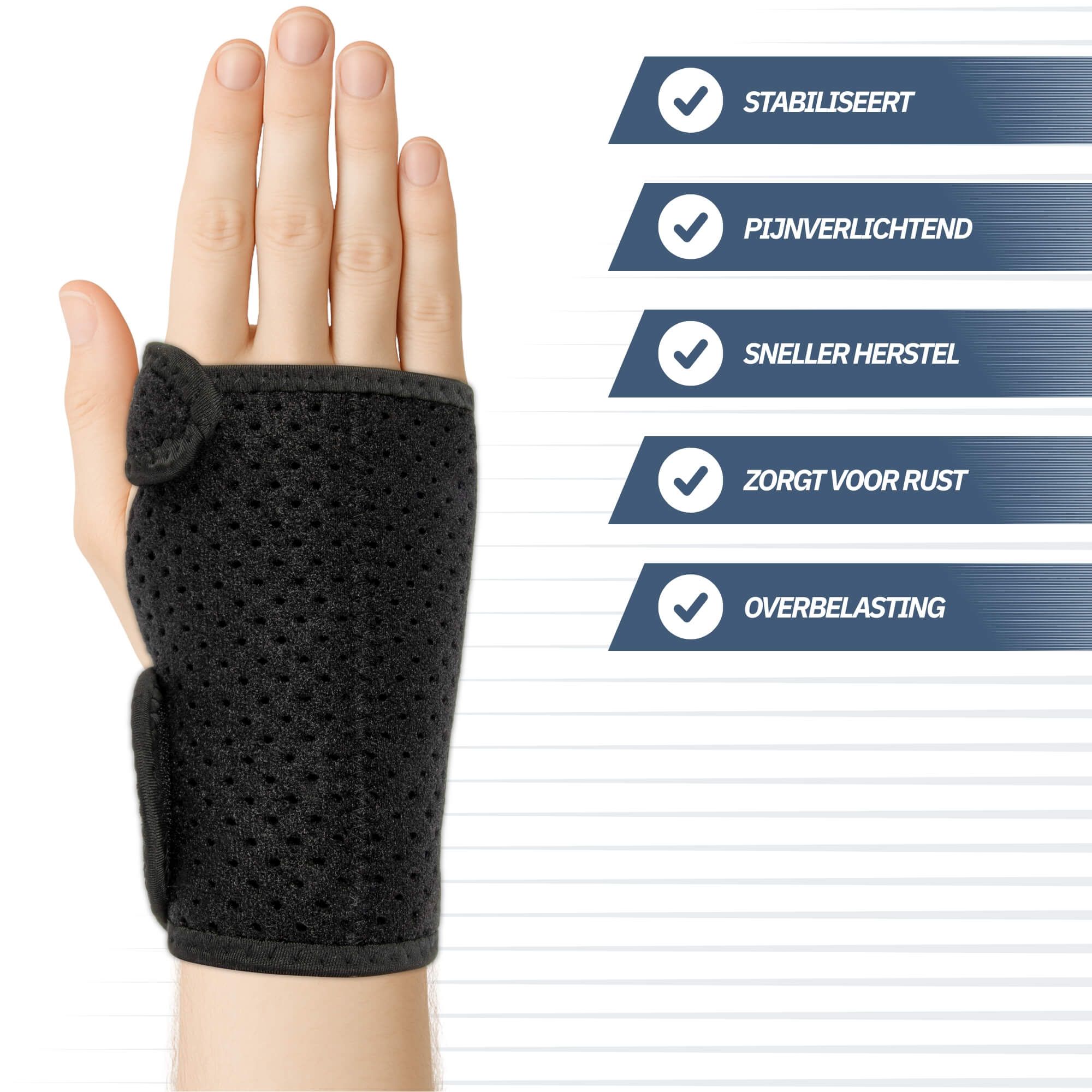 Attelle de poignet noire avec fermeture velcro, portée sur un bras.