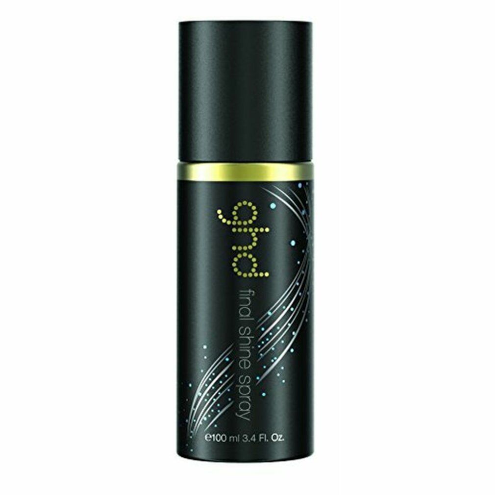 Zwarte sprayfles met gouden accent. Opschrift: ghd Final Shine Spray. Inhoud: 100 ml.