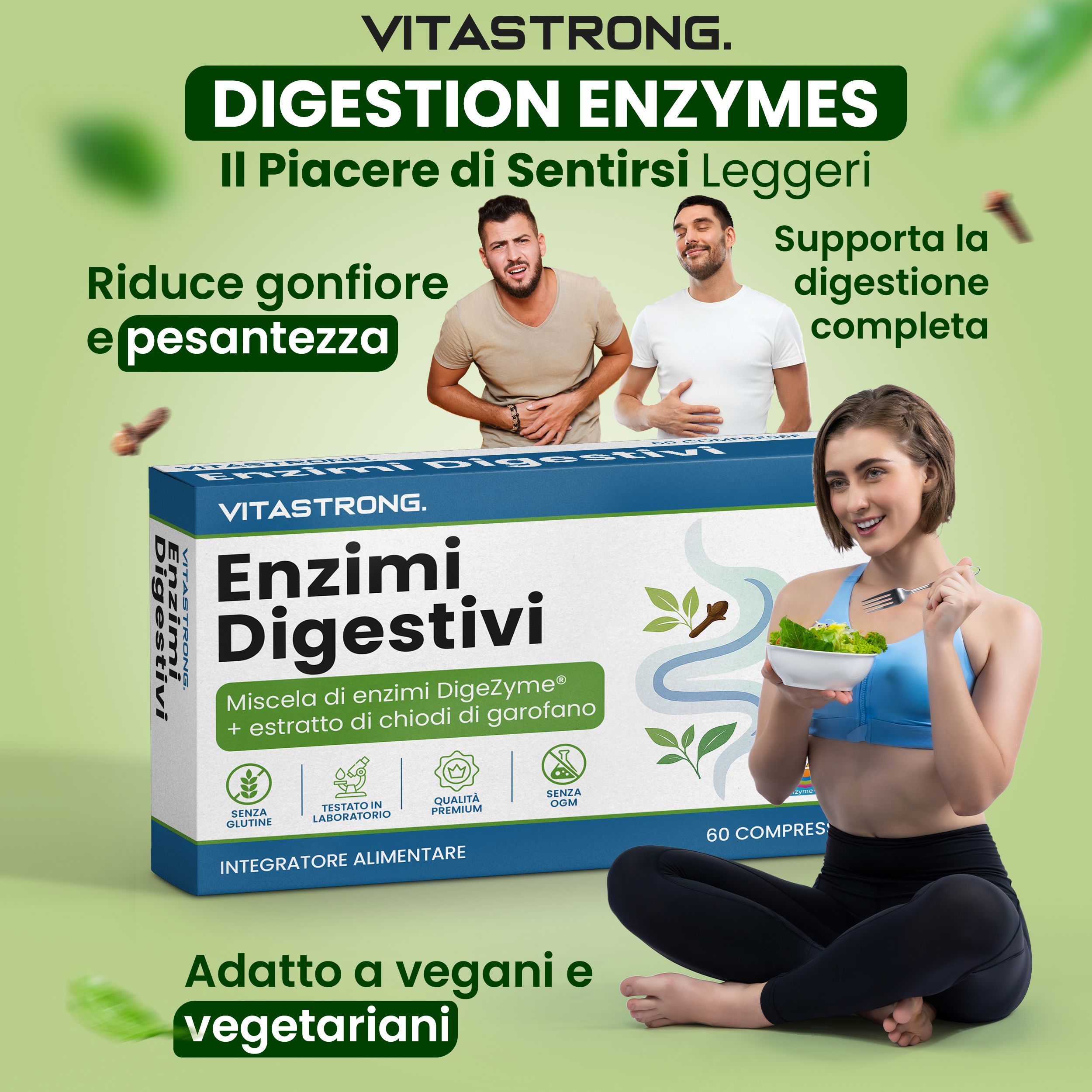 Vitastrong Enzimi Digestivi. Verpakking met 60 tabletten. Geschikt voor veganisten en vegetariërs.
