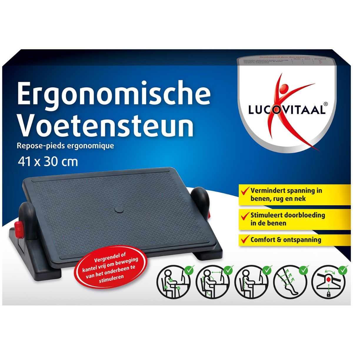 Ergonomische voetensteun Lucovitaal. Zwart platform, rode hendels. Afmetingen: 41 x 30 cm. Tekst in het Nederlands.