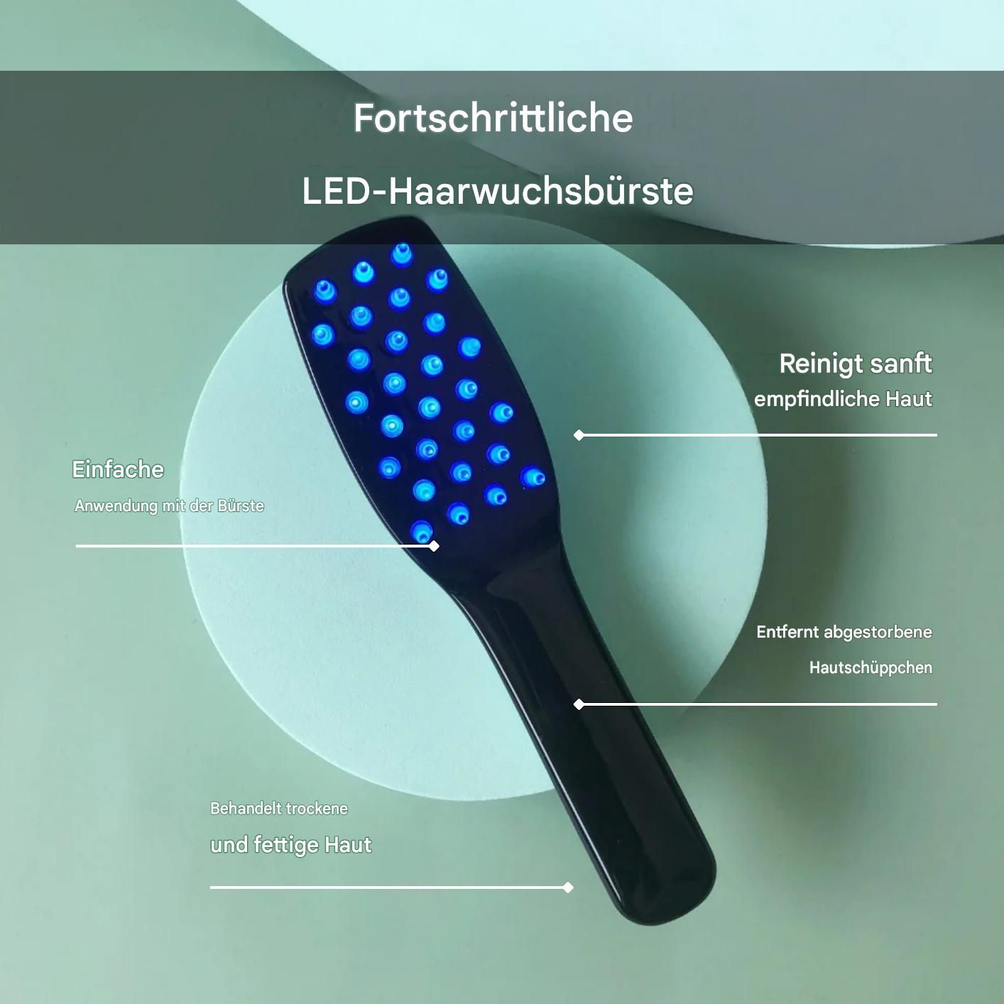 Brosse à cheveux noire avec des LED bleues sur un cercle bleu clair. Texte en français décrit la fonction.