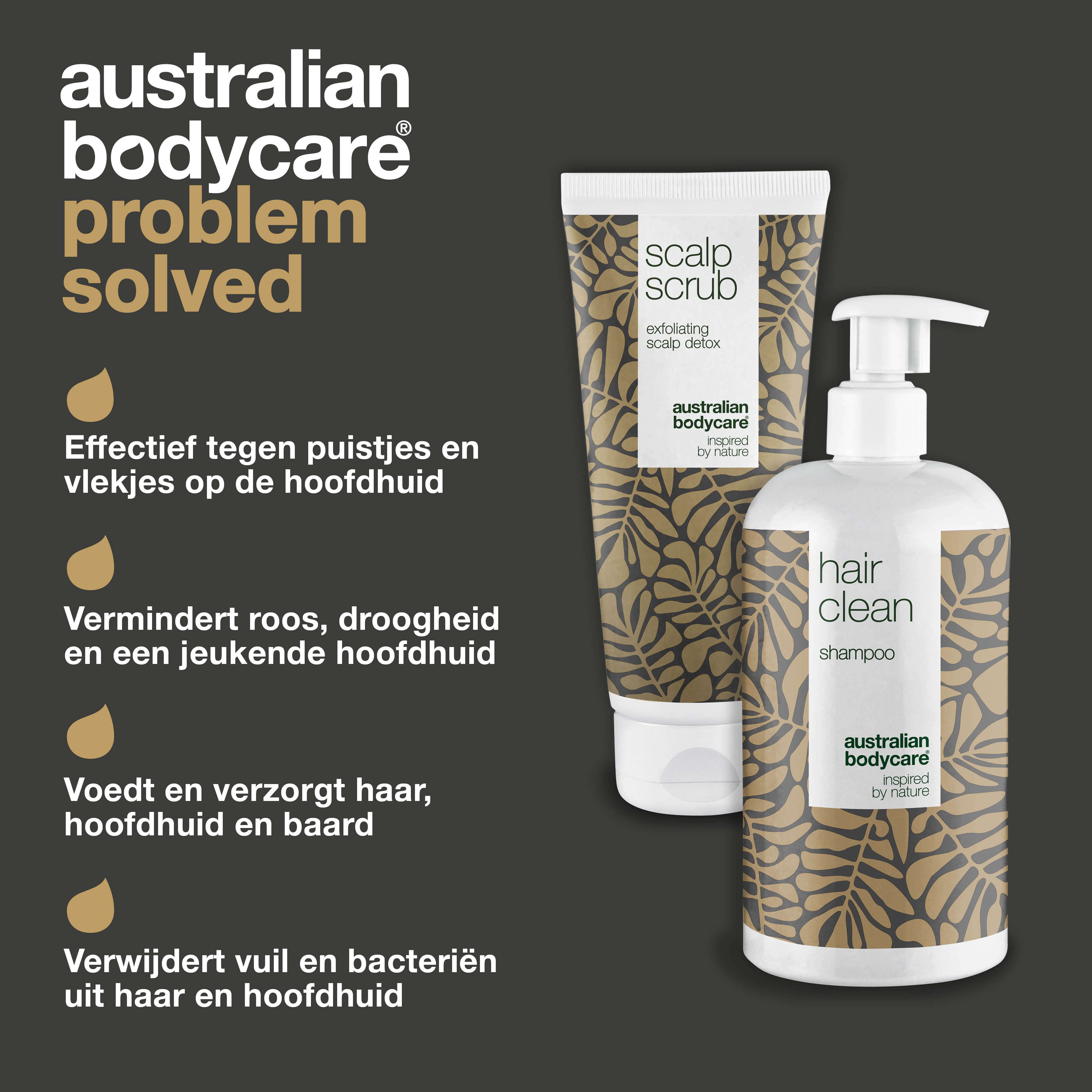 Productset: shampoo en scrub. Tegen puistjes, vermindert roos, verzorgt haar. Merk: Australian Bodycare.