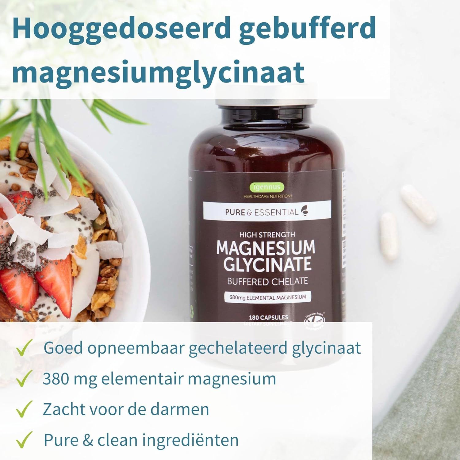Igennus Magnesium Glycinate, Hoge Dosering & 4x Betere Opname, 1300 mg, Magnesiumbisglycinaat, Puur