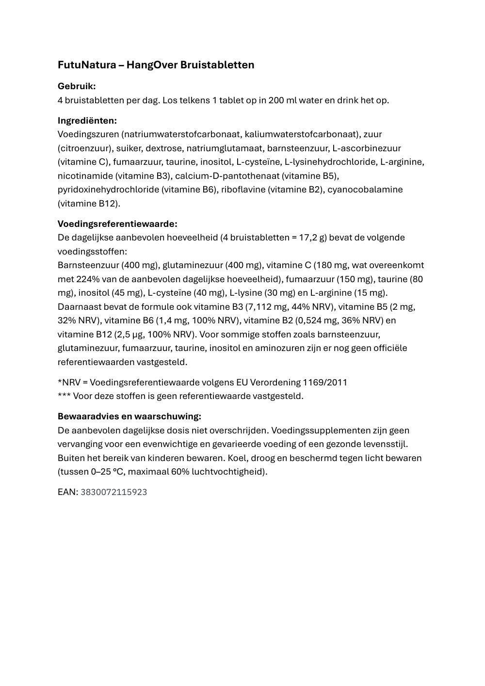 Tekstdocument met informatie over FutuNatura HangOver bruistabletten. Bevat ingrediënten, instructies en waarschuwingen.