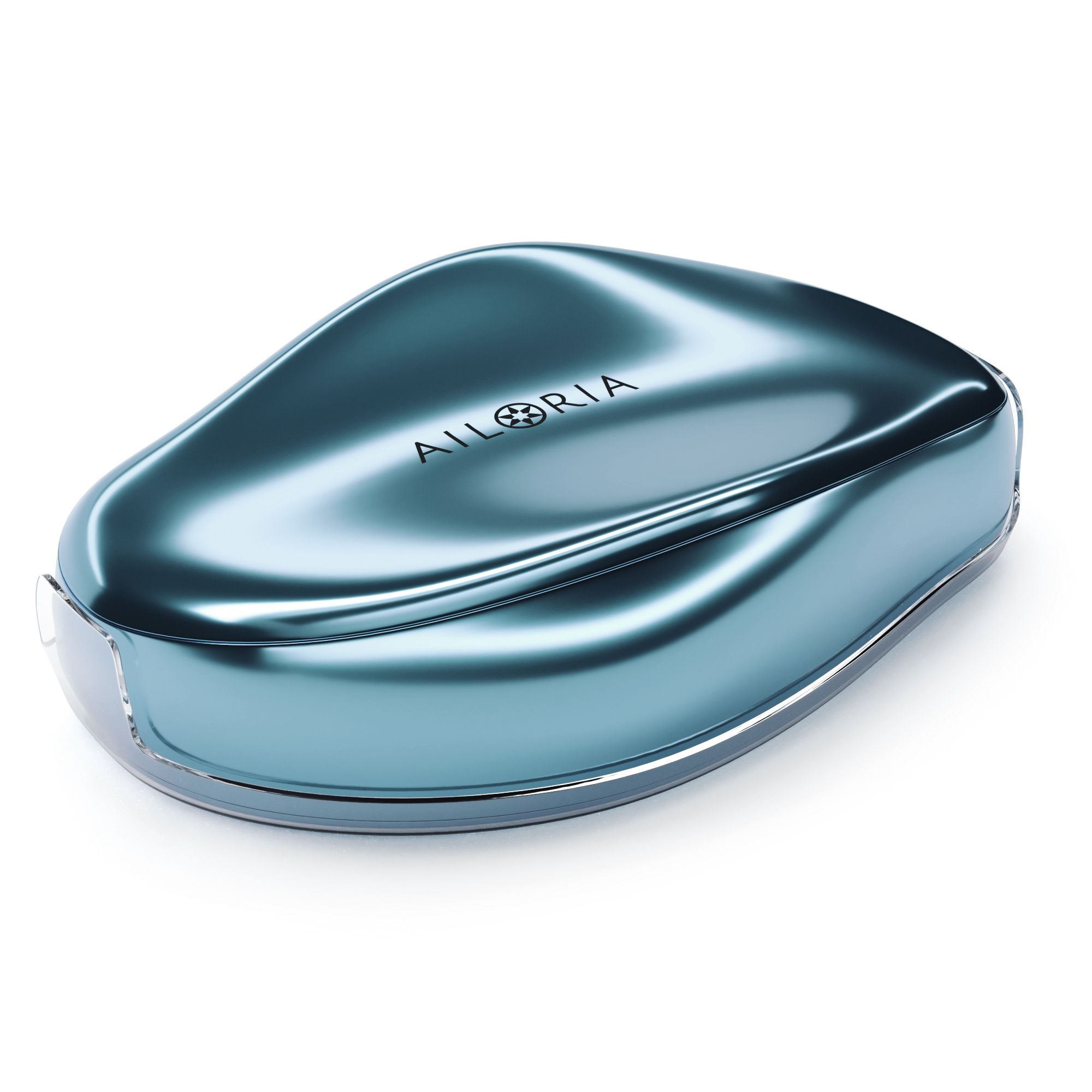 Blauw, ovaal apparaat in een transparante hoes. "AILORIA" is zichtbaar op het apparaat.