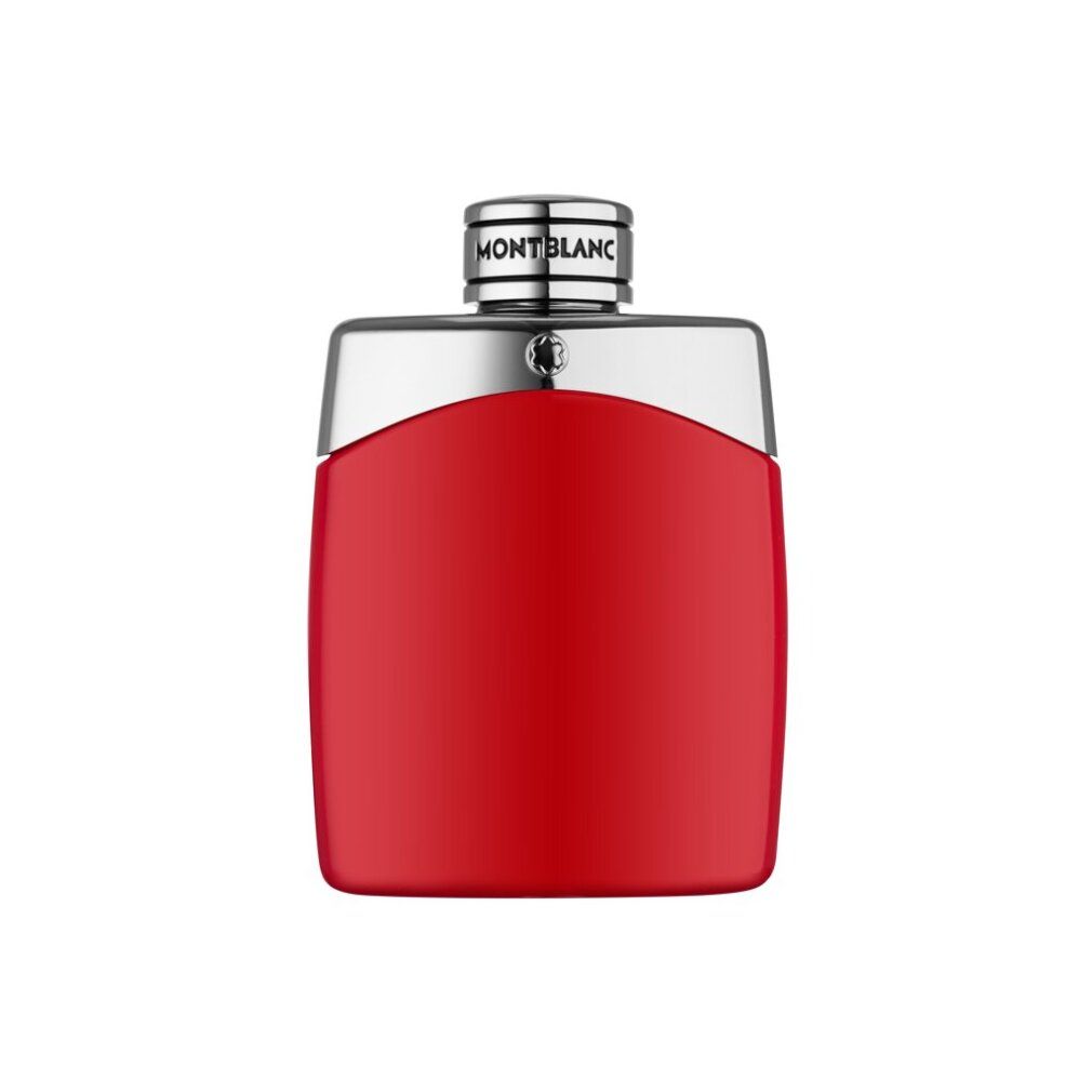 Rode fles met zilveren dop. Opschrift MONTBLANC. Fles in rechthoekige vorm met afgeronde hoeken.