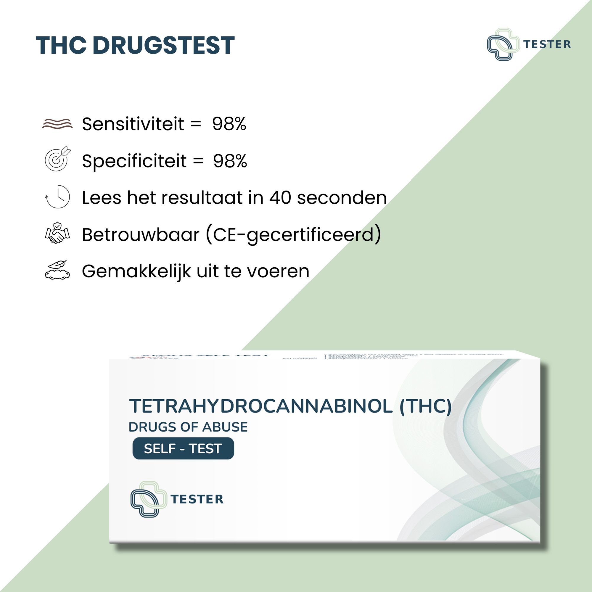 Emballage produit avec texte "Tetrahydrocannabinol (THC)". Texte: Sensibilité 98%, Spécificité 98%.