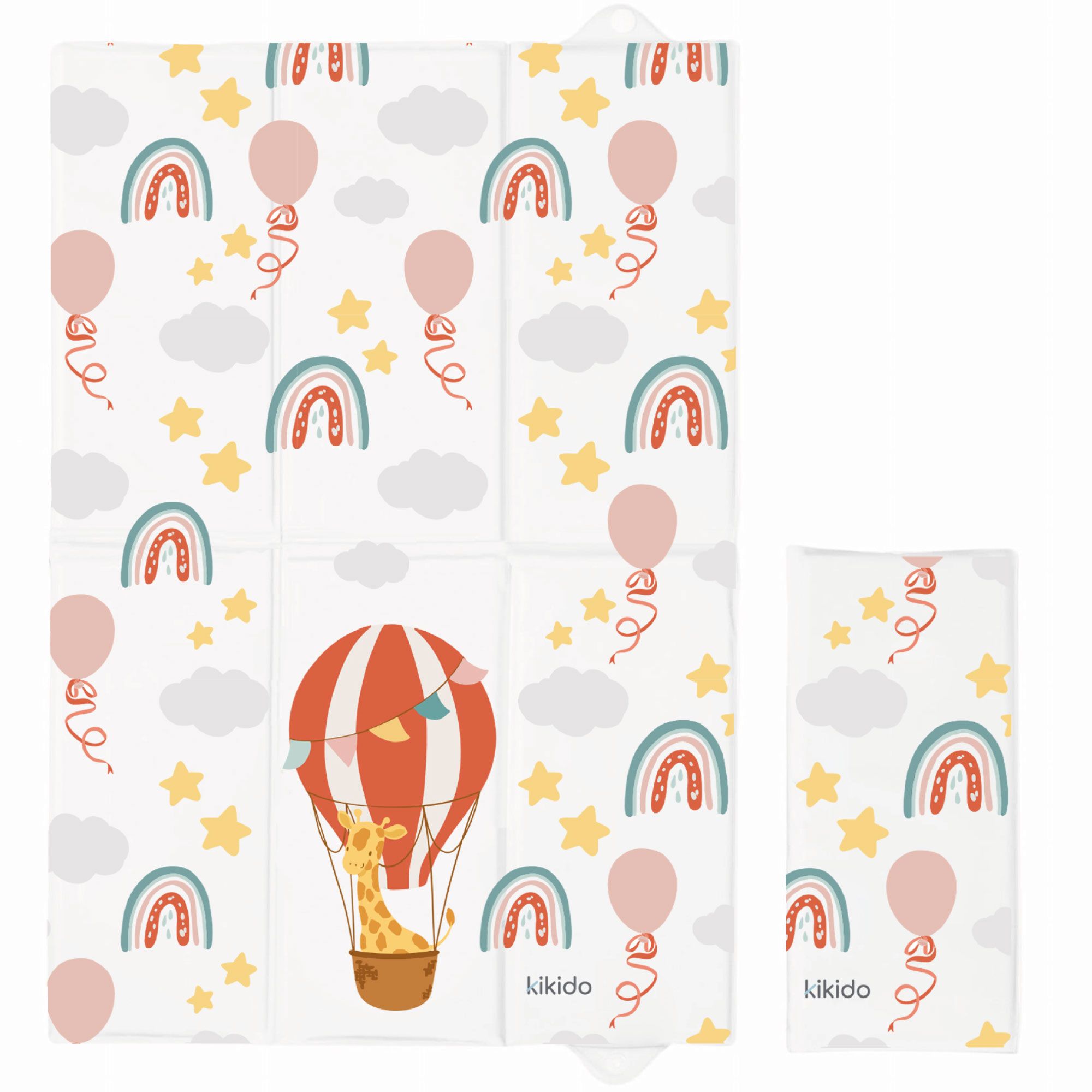 Matelas à langer avec motif montgolfière. Pliable, plusieurs parties. Ballons roses, arcs-en-ciel, étoiles et girafe.